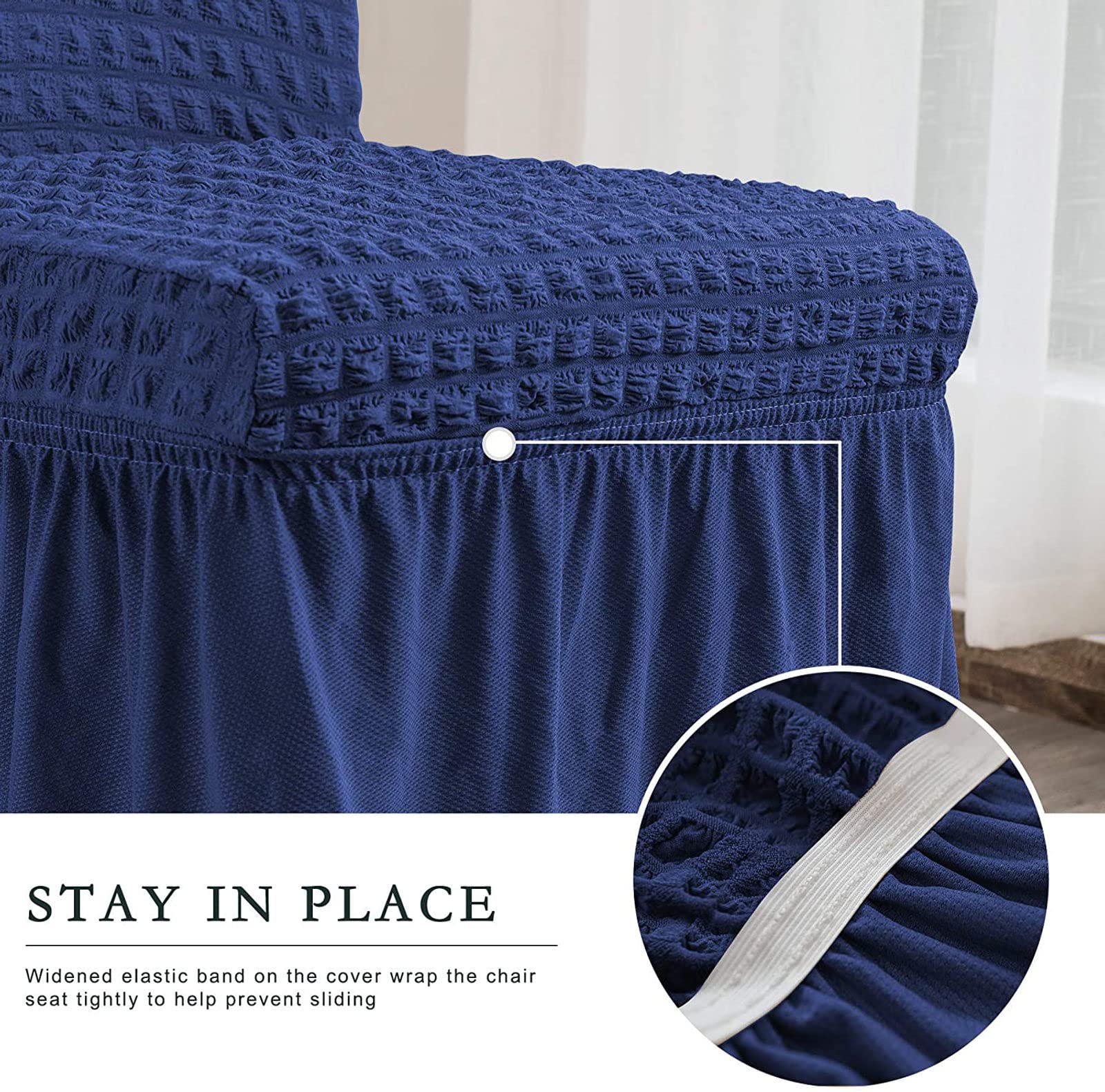 Stretch Dining Chair Covers Set of 6 - Elastic Seersucker Slipcovers with Skirt for Home, Party, Hotel & Wedding - Navy Blue (4-Pack) - Perfect for Dining Room, Banquet, and Special Events