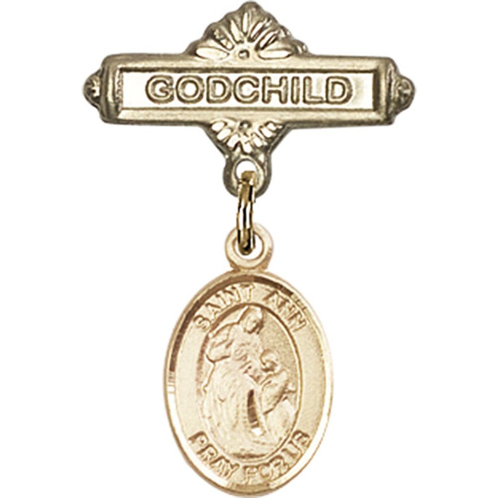 Gold Filled Baby Badge with St. Ann Charm & Godchild Pin - 1 X 5/8 Inch Religious Jewelry for Baptism, Christening & Baby Blessing Gifts