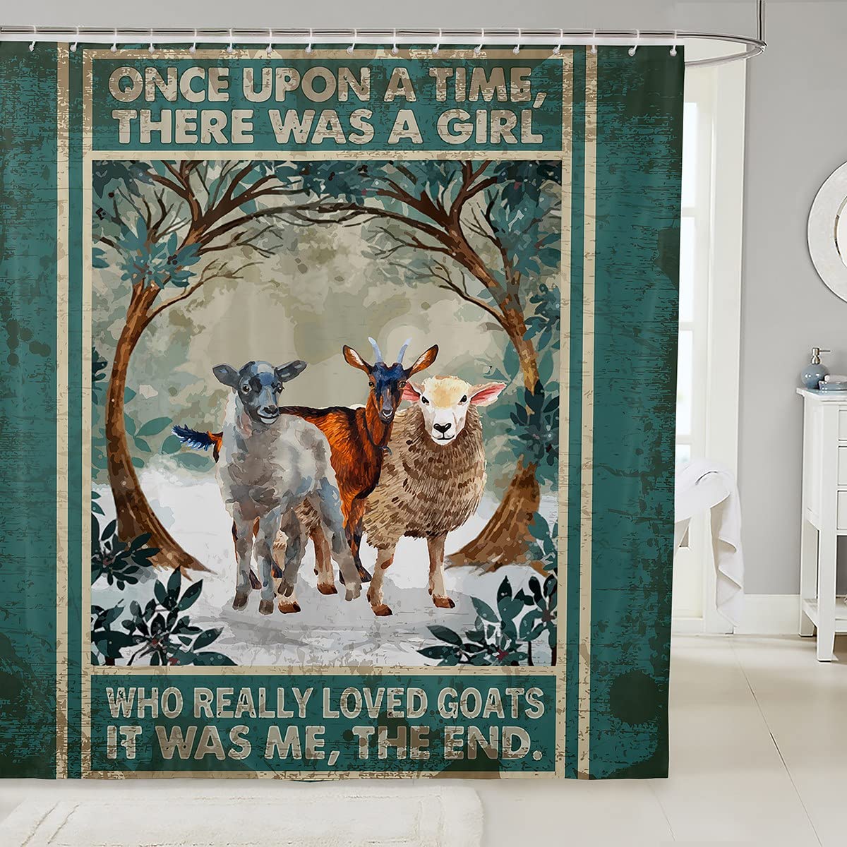 Farmhouse Goat Shower Curtain Set - Cute Kids & Women's Bathroom Decor with Vintage Green Design (72x84 inches) - Perfect for Farmhouse, Cottage, or Country Style Bathrooms