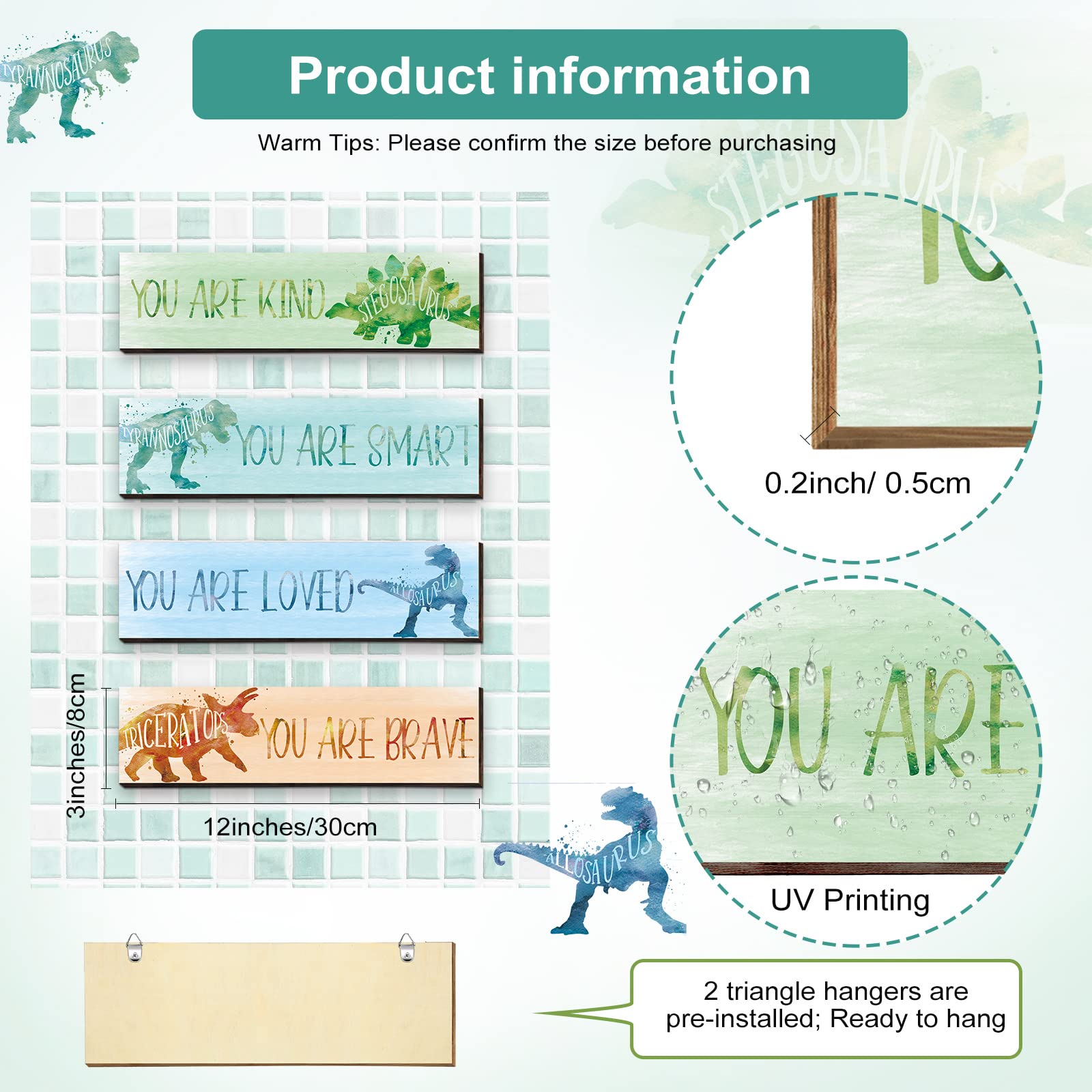 Dinosaur Wall Art Decor for Kids - 4 Pcs Inspirational Dinosaur Posters for Boys Room, Nursery & Classroom (12x3 Inch) - Perfect for Bedroom Decor, Playroom & Learning Spaces
