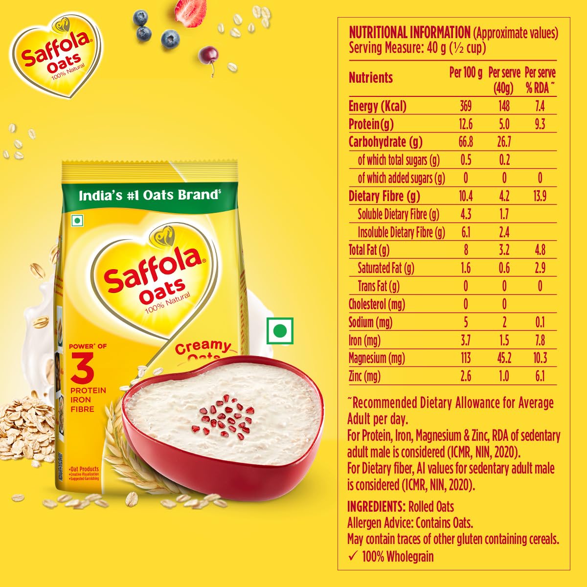Saffola 100% Natural Oats - 400g | High Fiber Breakfast Cereal for Healthy Weight Loss & Heart Health | Perfect for Smoothies, Baking & Quick Meals