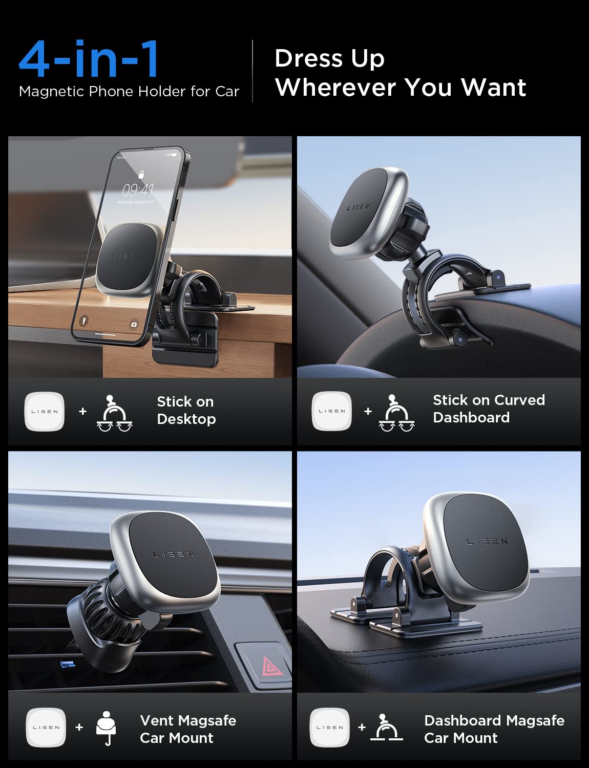 LISEN Magnetic Car Phone Holder with 6 Strong Magnets - Universal Phone Mount for iPhone & Android - Vent Clip & Replaceable Base - Perfect Gift for Men & Women (Christmas, Road Trips, Commuting)