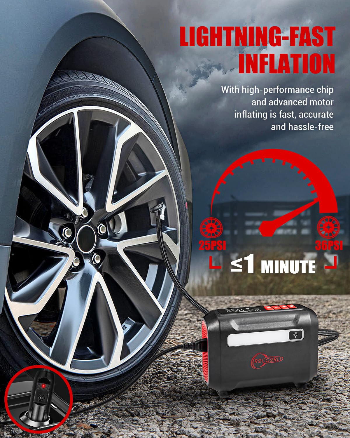 R8 Tire Inflator Portable Air Compressor - 12V DC Fast Inflation Air Pump with Large Dual Digital Display - 3X Faster for Cars, Bikes, Motorcycles, Sports Balls - Perfect for Road Trips, Camping & Emergency Tire Inflation