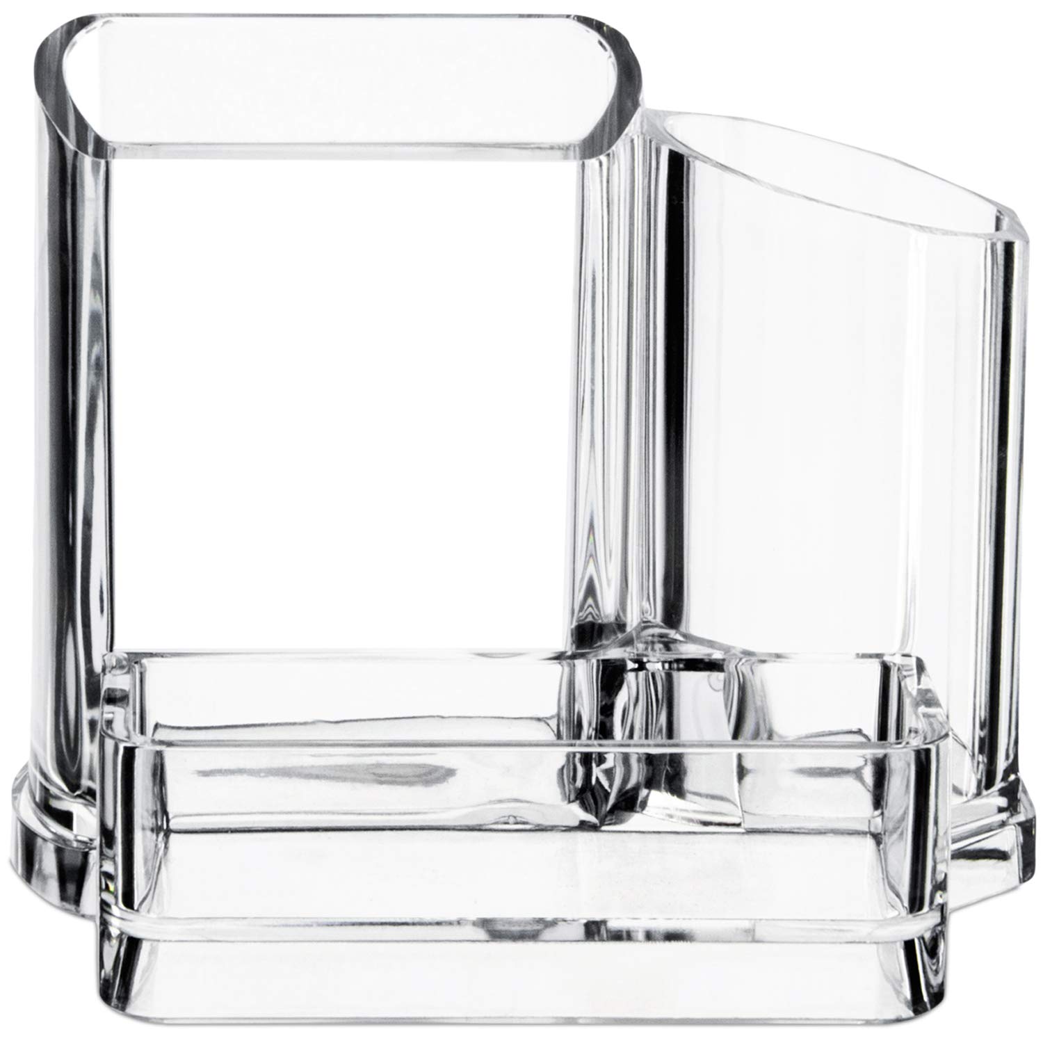 Clear 3-Compartment Bathroom & Office Organizer - Toothbrush Holder, Soap Dispenser, Makeup Brush & Lipstick Storage | Perfect for Vanity, Countertop, and Sink Organization