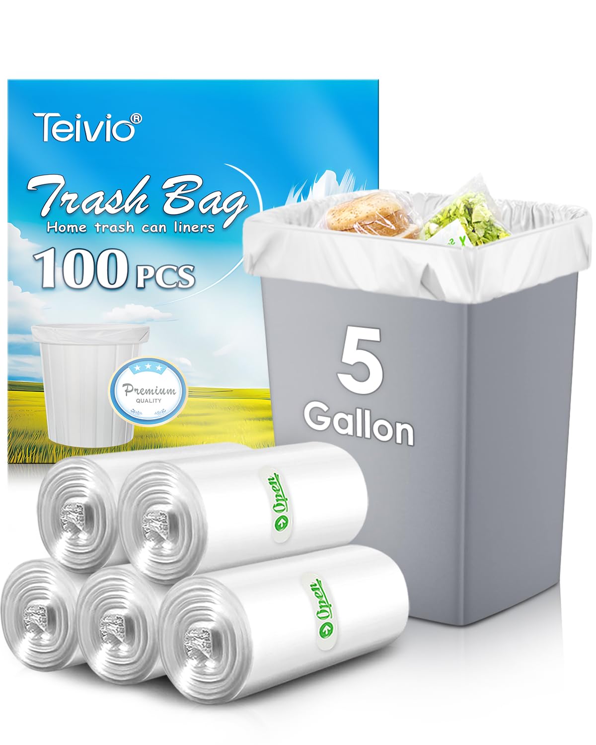 Teivio 5 Gallon 100 Count Heavy Duty Trash Bags - Strong Garbage Bags for Bathroom, Kitchen & Office - Clear Plastic Bin Liners for Small Trash Cans - Perfect for Home, Office & Commercial Use
