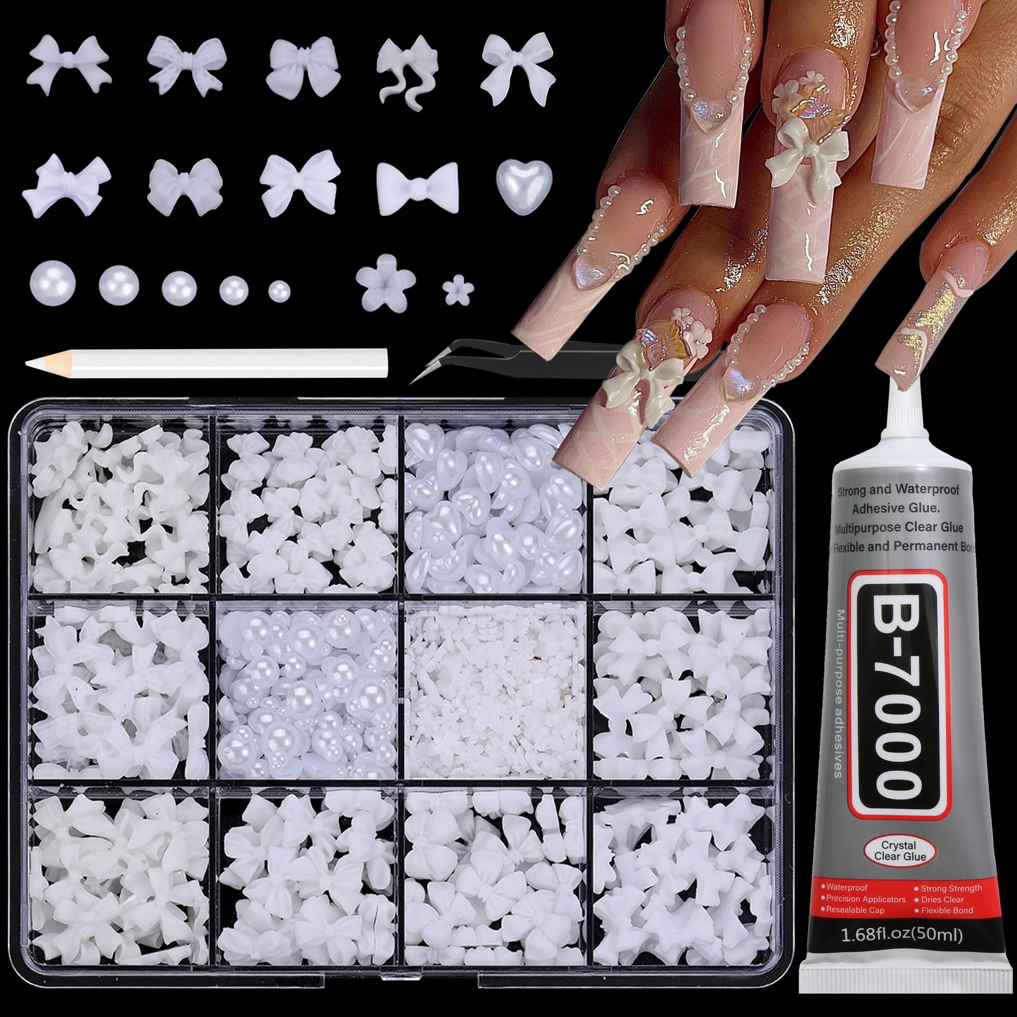 RODAKY 3D Bow Nail Charms with B7000 Glue - White Heart Pearls for Acrylic Nails & DIY Nail Art