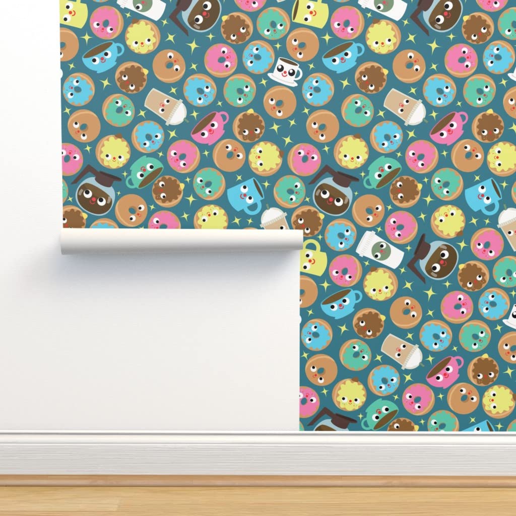 Peel & Stick Wallpaper 12ft x 2ft - Blue Coffee Donuts Design, Removable Self-Adhesive Wallpaper for Kitchen, Bedroom, Nursery Decor | Spoonflower