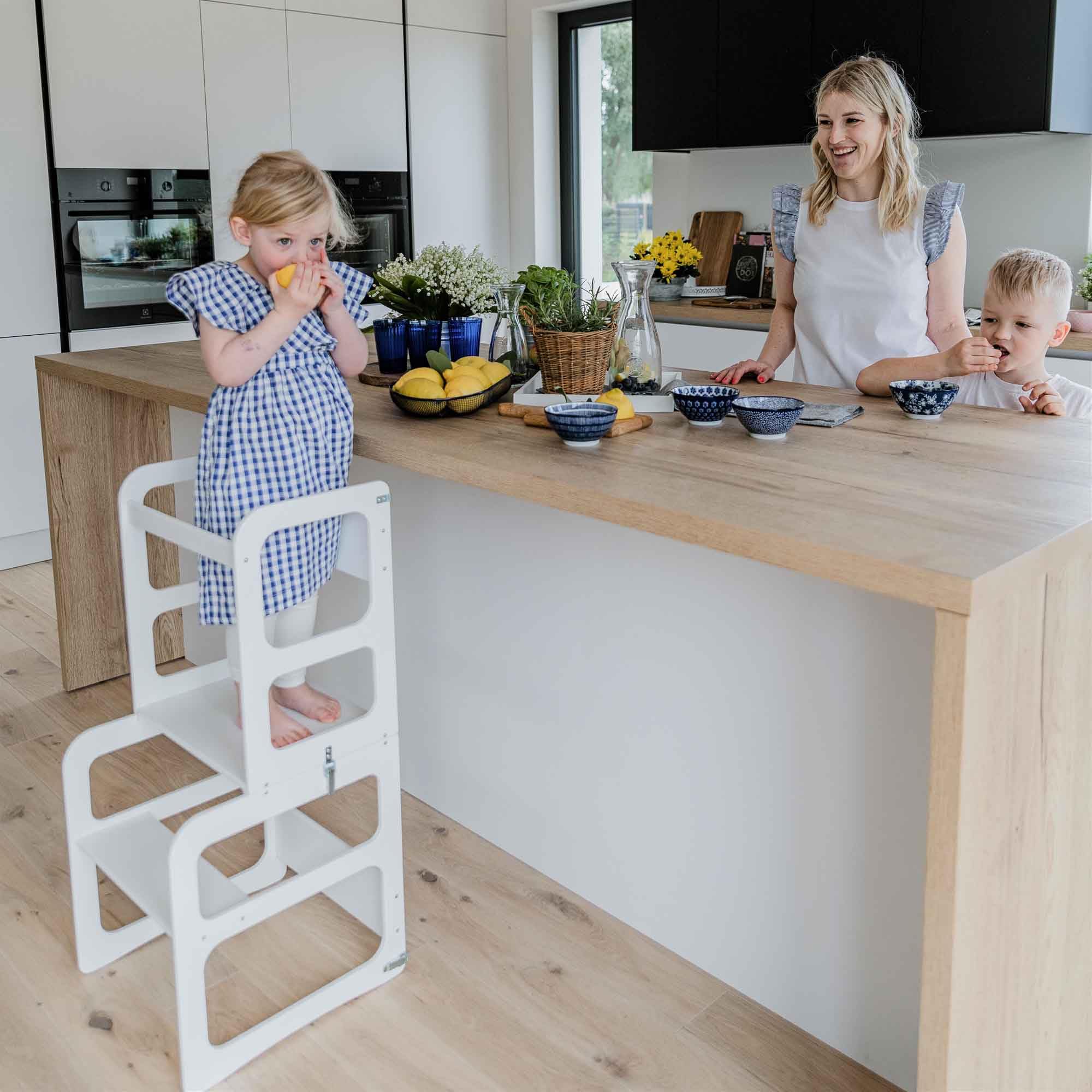 2-in-1 Convertible Kitchen Tower & Step Stool for Toddlers - Adjustable Learning Tower with Safety Rail - Montessori Weaning Table & Chair Set for Kids - Perfect for Baking, Cooking & Playtime Activities