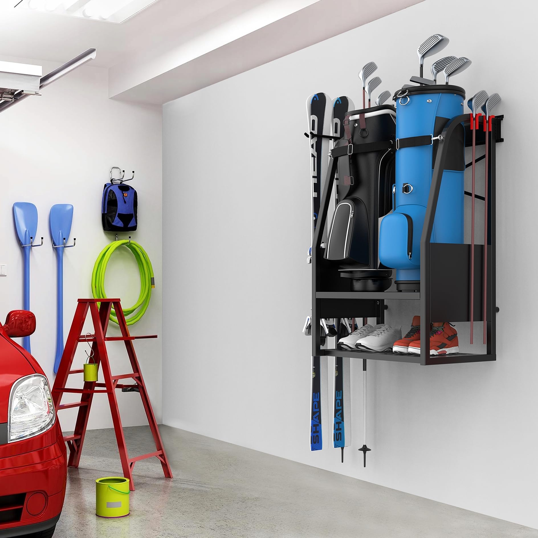 Wall Mount Golf Bag Organizer - Heavy Duty 2 Bag Storage Rack for Golf Clubs & Accessories - Space Saving Garage, Basement, Shed Organization - Perfect for Golf Enthusiasts & Home Storage Solutions