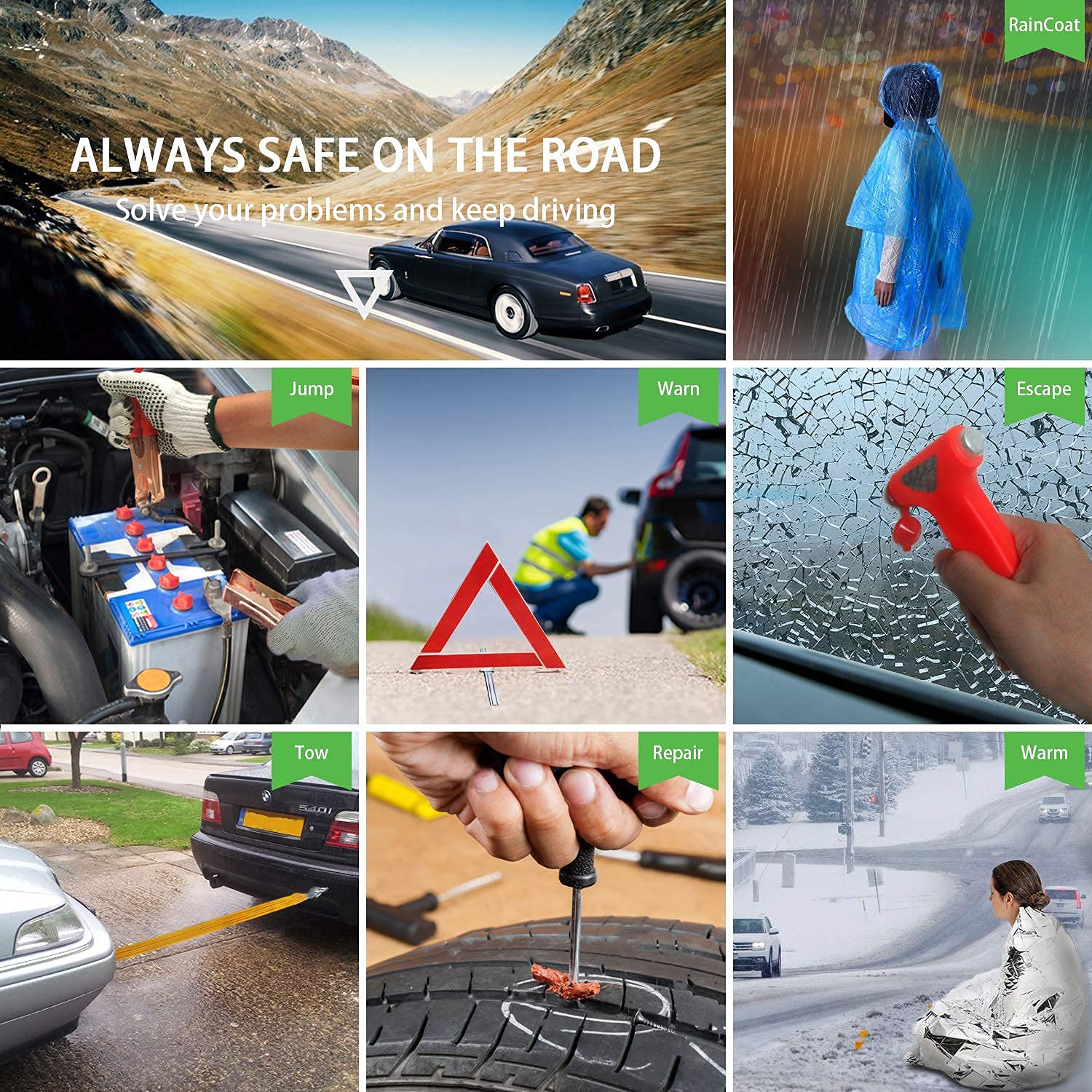 Premium Car Roadside Emergency Kit - 120-Piece Vehicle Safety & Roadside Assistance Set with Jumper Cables, First Aid Kit, Tow Rope, Reflective Triangle & Tire Gauge | Essential Auto Accessories for Trucks, SUVs & Cars | Perfect for Road Trips, Commuting & Winter Driving