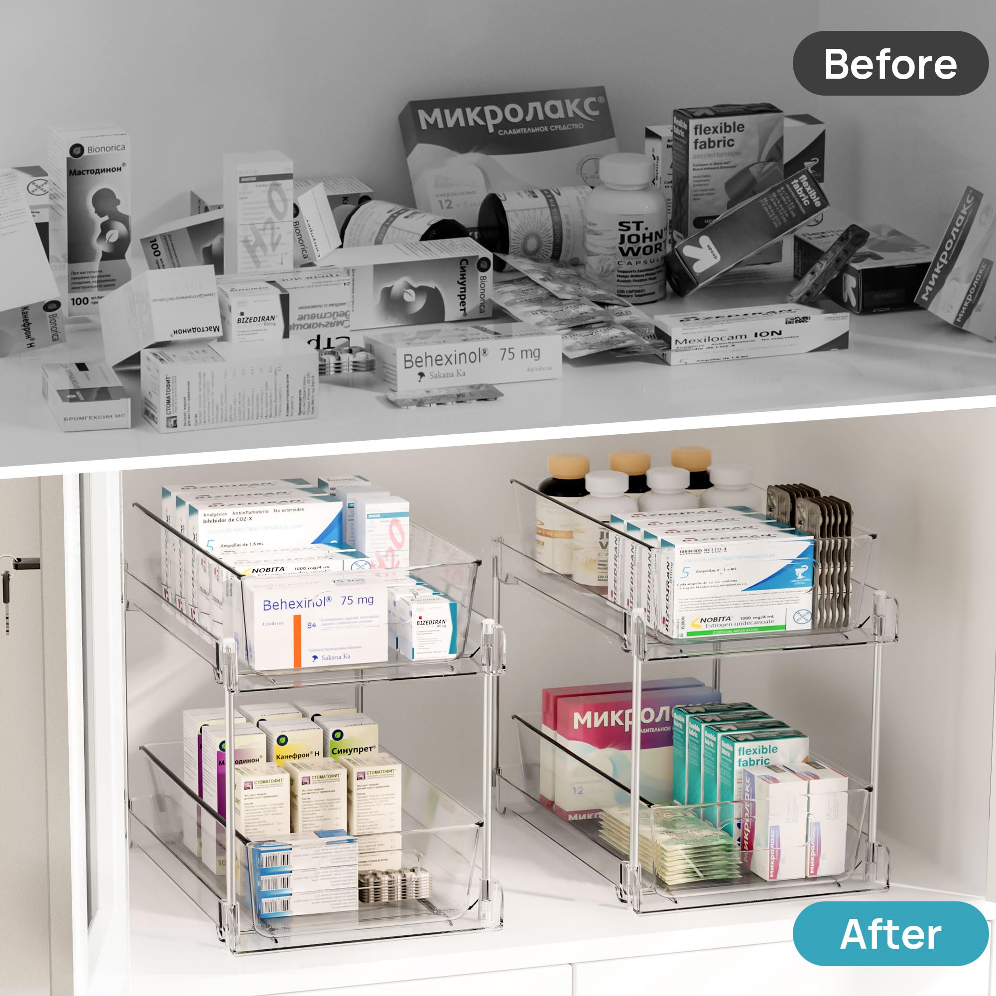 Vtopmart 2-Tier Bathroom Storage Organizer Set of 2, Clear Under Sink Organizer with Pull-Out Drawers for Vanity Counter & Cabinet - Space Saving Solution for Bathroom, Kitchen & Pantry Organization