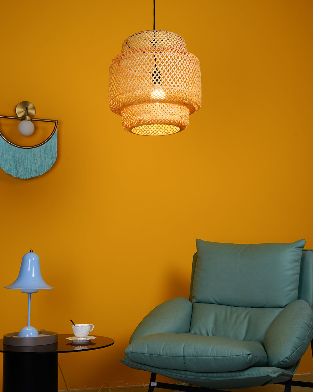 Modern Bamboo Pendant Light Fixture - Handwoven Natural Rattan Hanging Lamp for Kitchen Island, Dining Room & Bedroom Decor - Eco-Friendly Lighting Solution