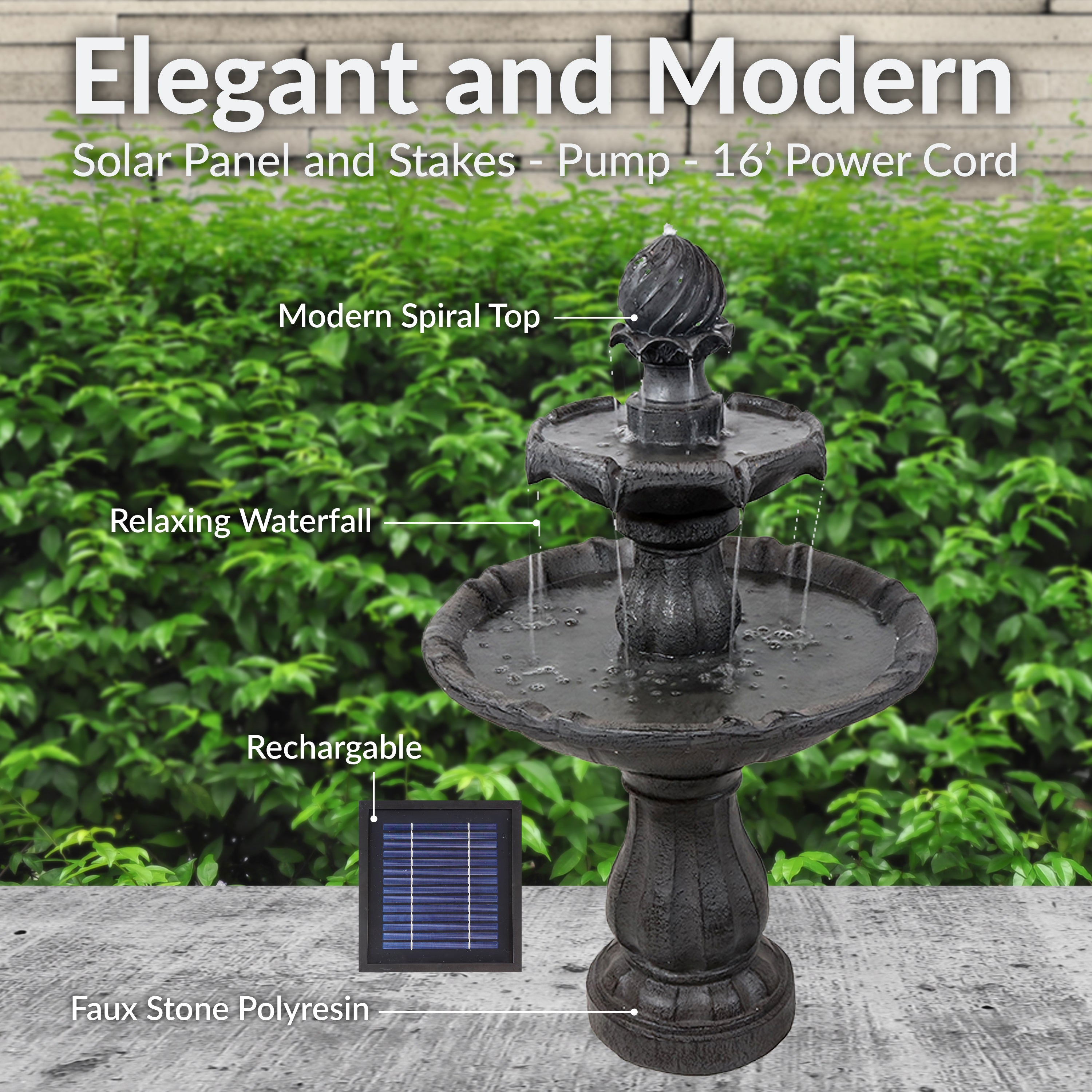 Sunnydaze 2-Tier Solar Powered Outdoor Water Fountain with Battery Backup - Perfect for Garden, Patio, and Backyard Decor