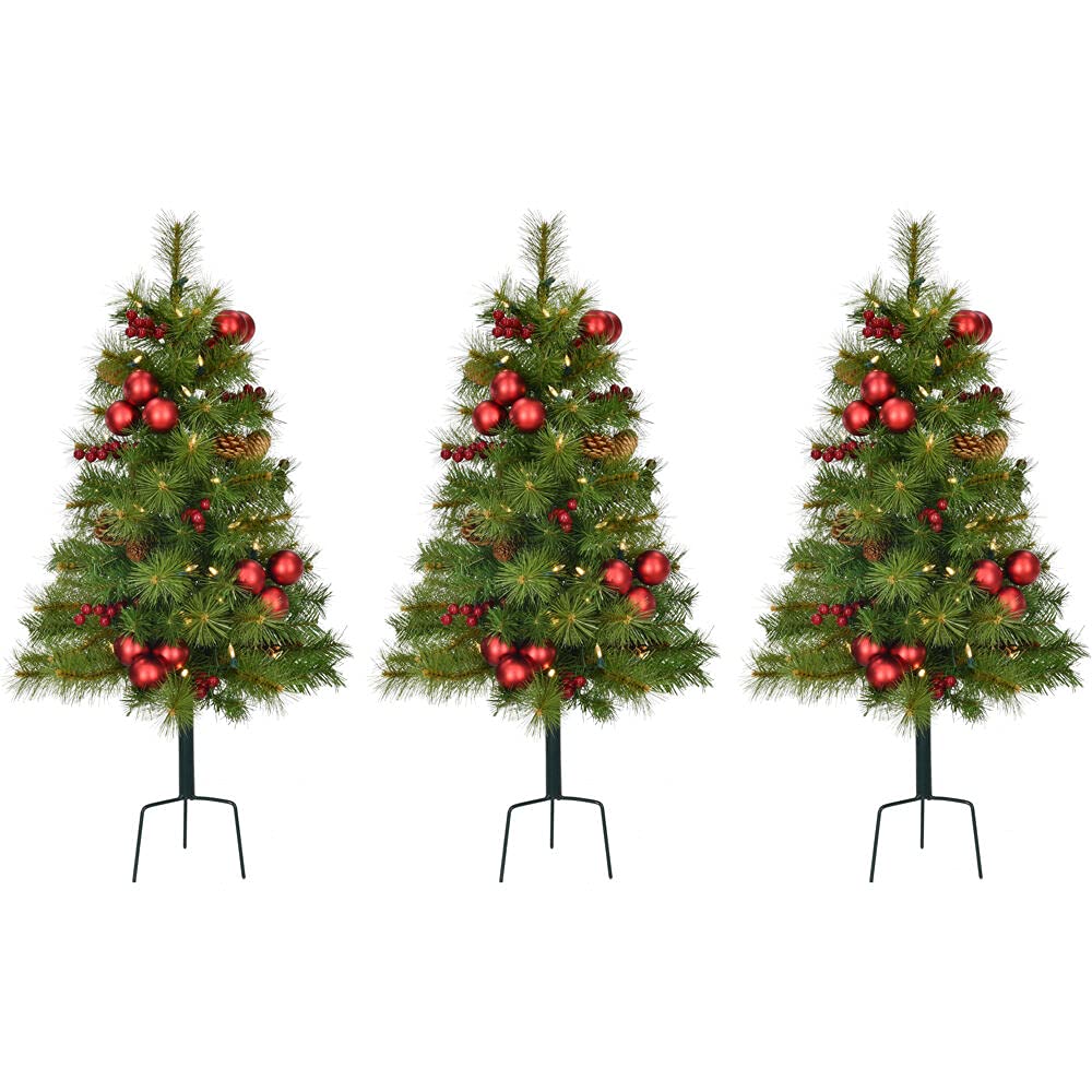 Fraser Hill Farm 30-Inch LED Lighted Walkway Trees with Berries & Cones - Set of 3 Battery-Operated Warm White Christmas Trees for Outdoor/Indoor Decor (Green & Red) - Perfect for Porch, Yard, and Holiday Party Decorations