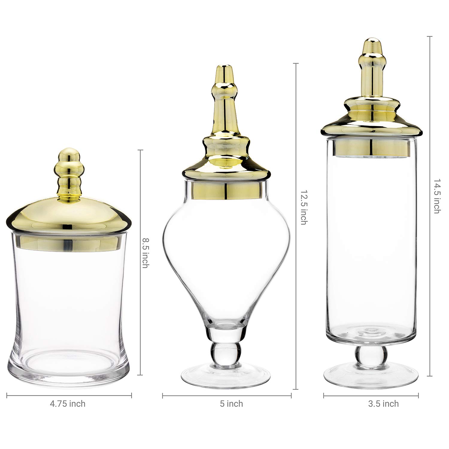 MyGift 3-Piece Antique Clear Glass Apothecary Jar Set with Brass-Tone Lids - Bathroom Storage, Wedding Centerpiece Decor, Kitchen Organization Jars for Cotton Balls, Candies & Spices