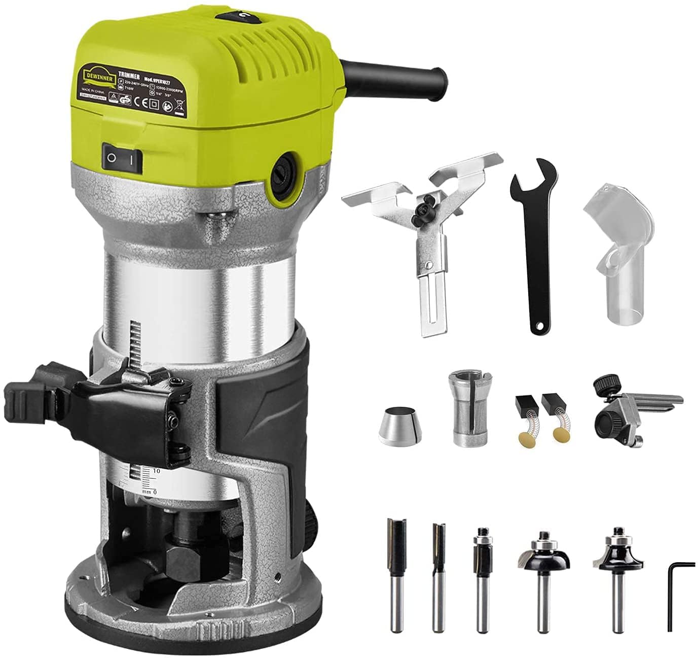 DEWINNER 710W Electric Wood Router Tool, 13000-33000 RPM Variable Speed with 6 Adjustments - Includes 3 Clamps & 5 Router Bits for Woodworking, DIY Projects, Cabinet Making, and Furniture Crafting