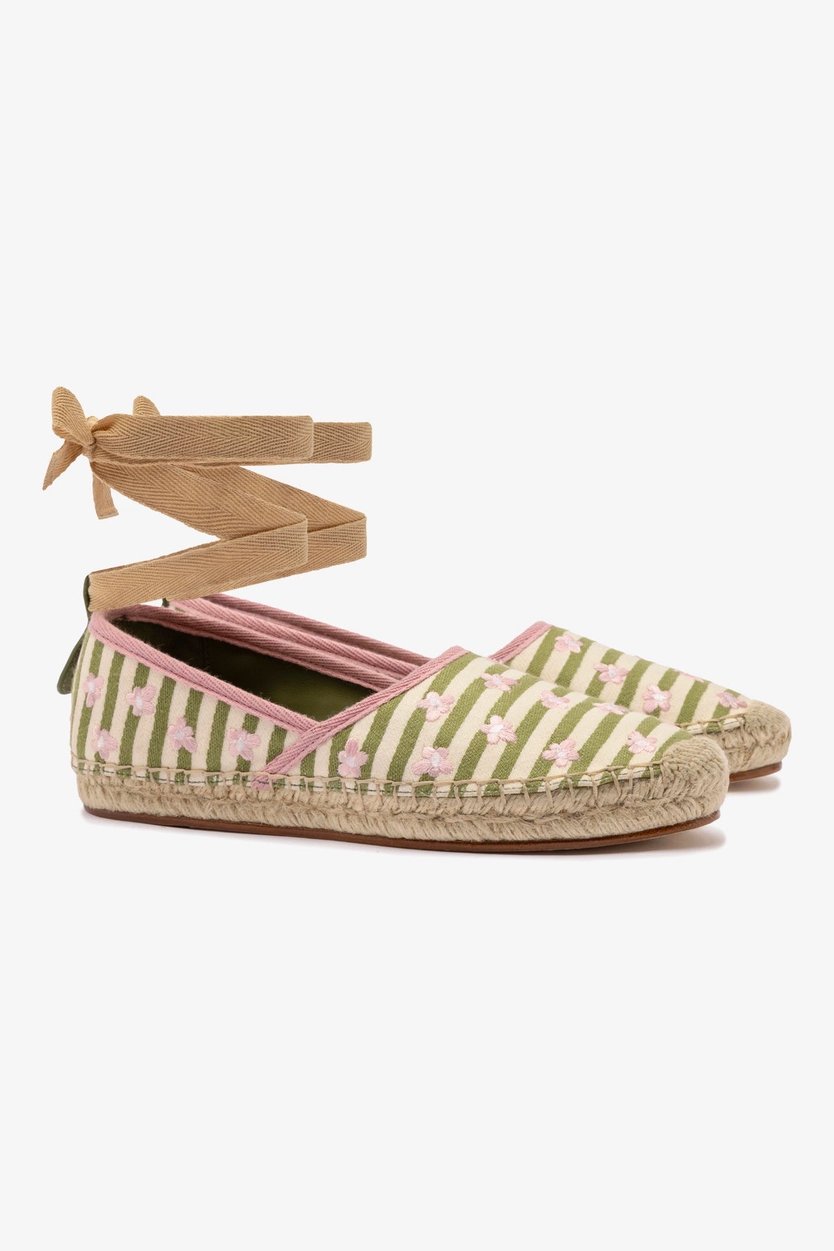 Letizia Women's Espadrille Flats - Seaweed & Natural Striped Fabric with Daisy Embroidery | Comfortable Summer Shoes for Beach, Vacation & Casual Outings