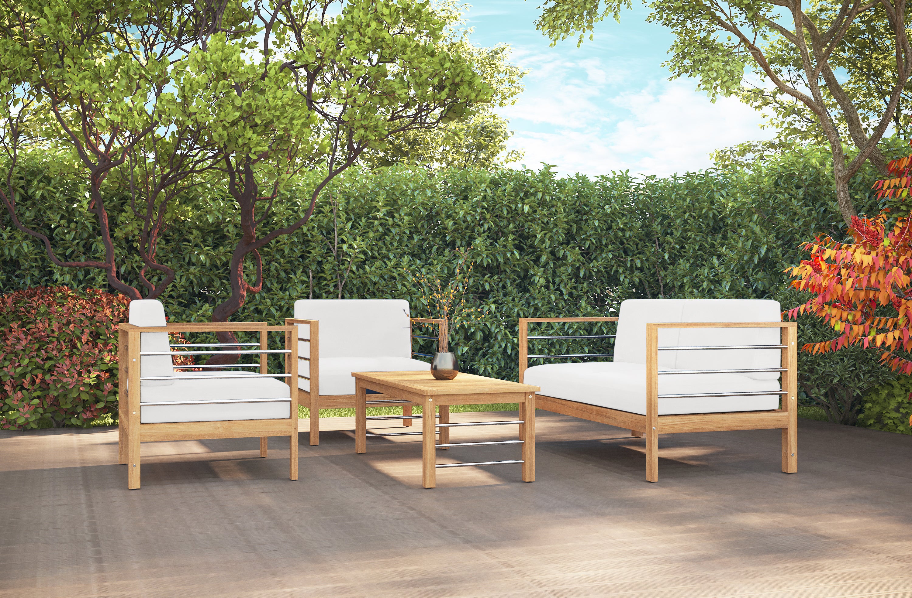 Leon 4-Piece Teak Outdoor Patio Deep Seating Set with Sunbrella White Cushions - Durable All-Weather Furniture for Backyard, Poolside & Garden Relaxation