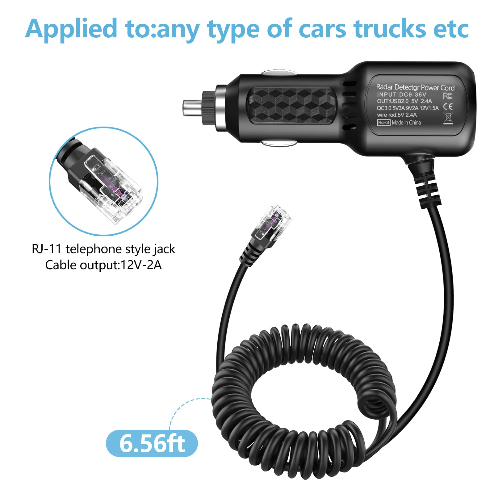Uniden Escort Valentine Beltronics Passport Cobra Radar Detector Power Cord with Dual USB QC3.0 Fast Charger (RJ11) - Perfect for Road Trips & Highway Driving