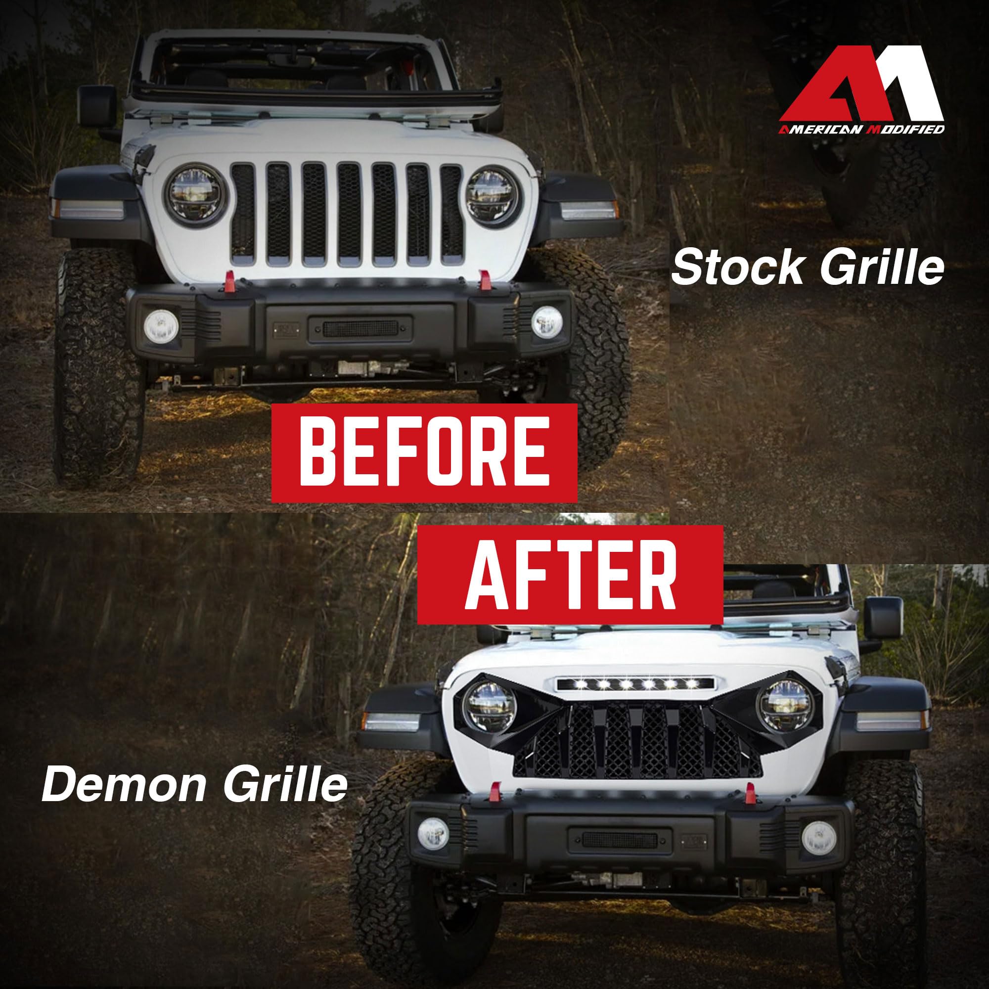 2018-2023 Jeep Wrangler JL & Gladiator JT White & Black Demon Grille with LED Off-Road Lights (Non-Trailcam Version) - Rugged Style Upgrade for Off-Roading & Jeep Enthusiasts
