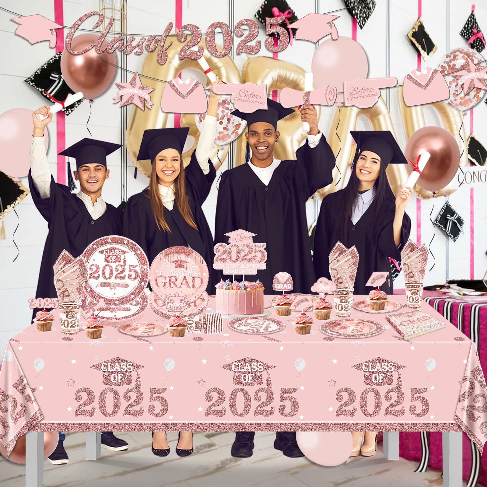 **2025 Graduation Party Decorations Set - Pink Plates, Napkins, Cups, Tablecloths, Banner, Cake Topper & Balloons - Congrats Grad Supplies for 20 Guests - Perfect for Graduation Ceremonies & Celebrations**