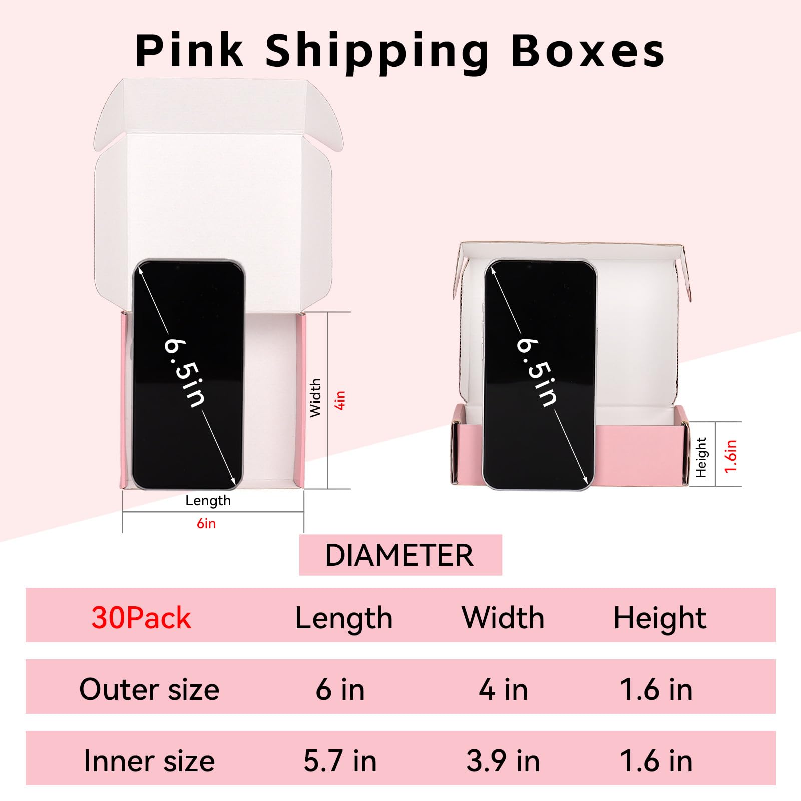 30 Pack 6x4x1.6 Inch Small Shipping Boxes - Pink Corrugated Cardboard Mailing Boxes for Small Business | Perfect for Ecommerce, Jewelry, Cosmetics & Gift Packaging