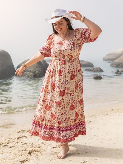 Plus Size Floral Printed Square Neck Ruffle Hem Midi Dress - Elegant Summer Casual & Party Wear for Women