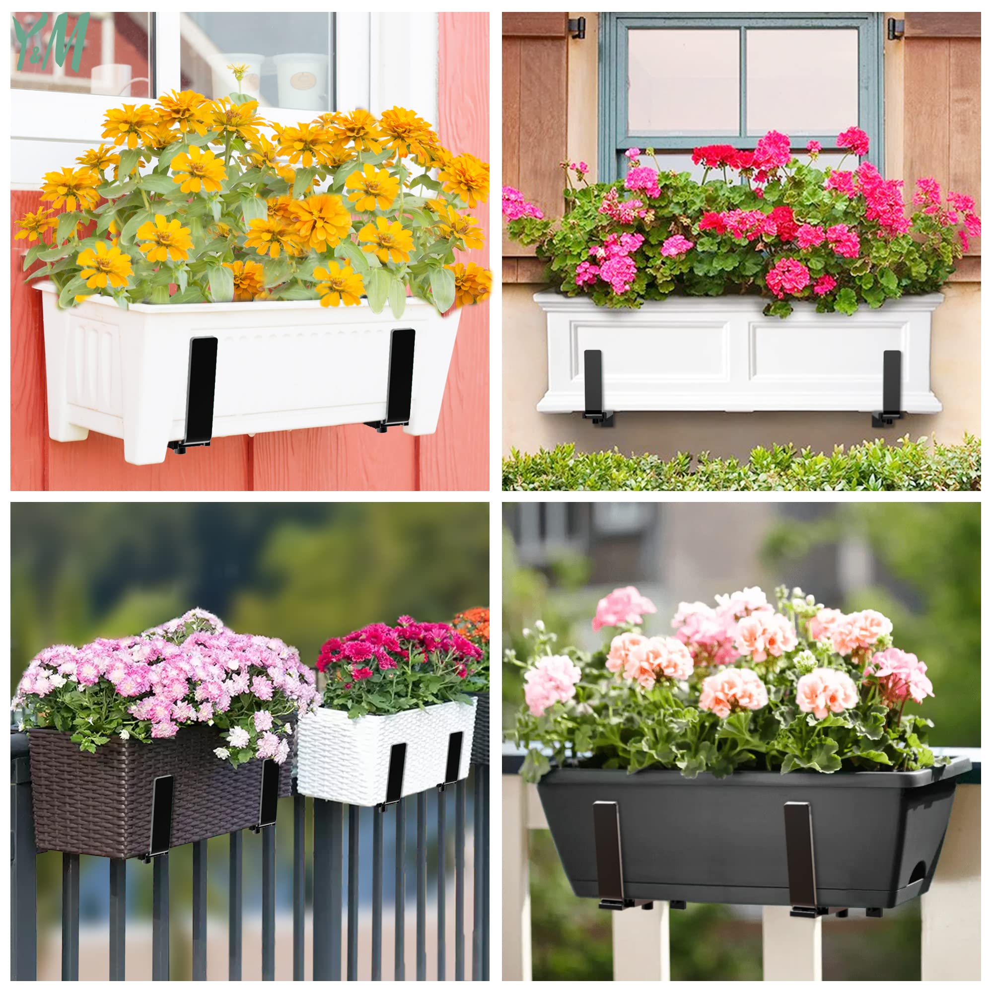 Y&M 4-Pack Adjustable Deck Railing Planter Box Brackets (6-12.5 Inch) - Heavy Duty Iron Window Box Hooks for Balcony, Fence, Patio & Garden - Black | Perfect for Hanging Flower Boxes on Railings, Walls & Outdoor Spaces
