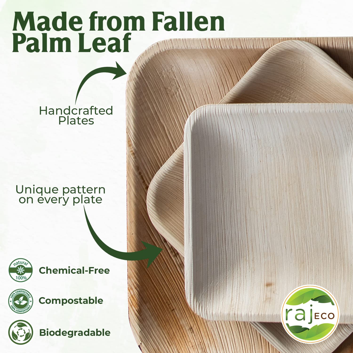 Eco-Friendly 400-Pack Raj Palm Leaf Square Plates - Biodegradable Disposable Dinnerware for Wedding, Party, Camping, BBQ & Picnic | Natural Bamboo-Like Compostable Plates for Sustainable Dining & Outdoor Events