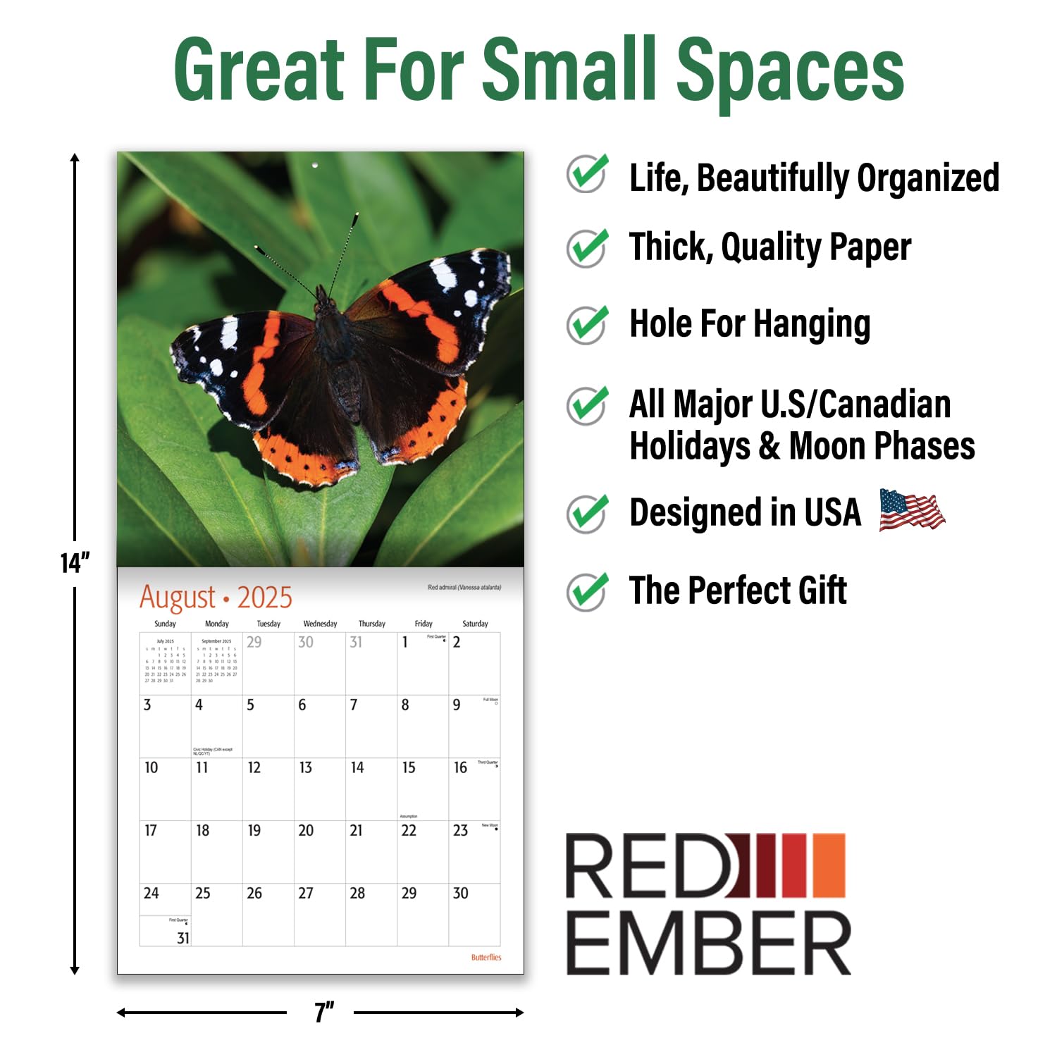 RED EMBER Butterflies Mini 2025 Wall Calendar - 12 Month 7