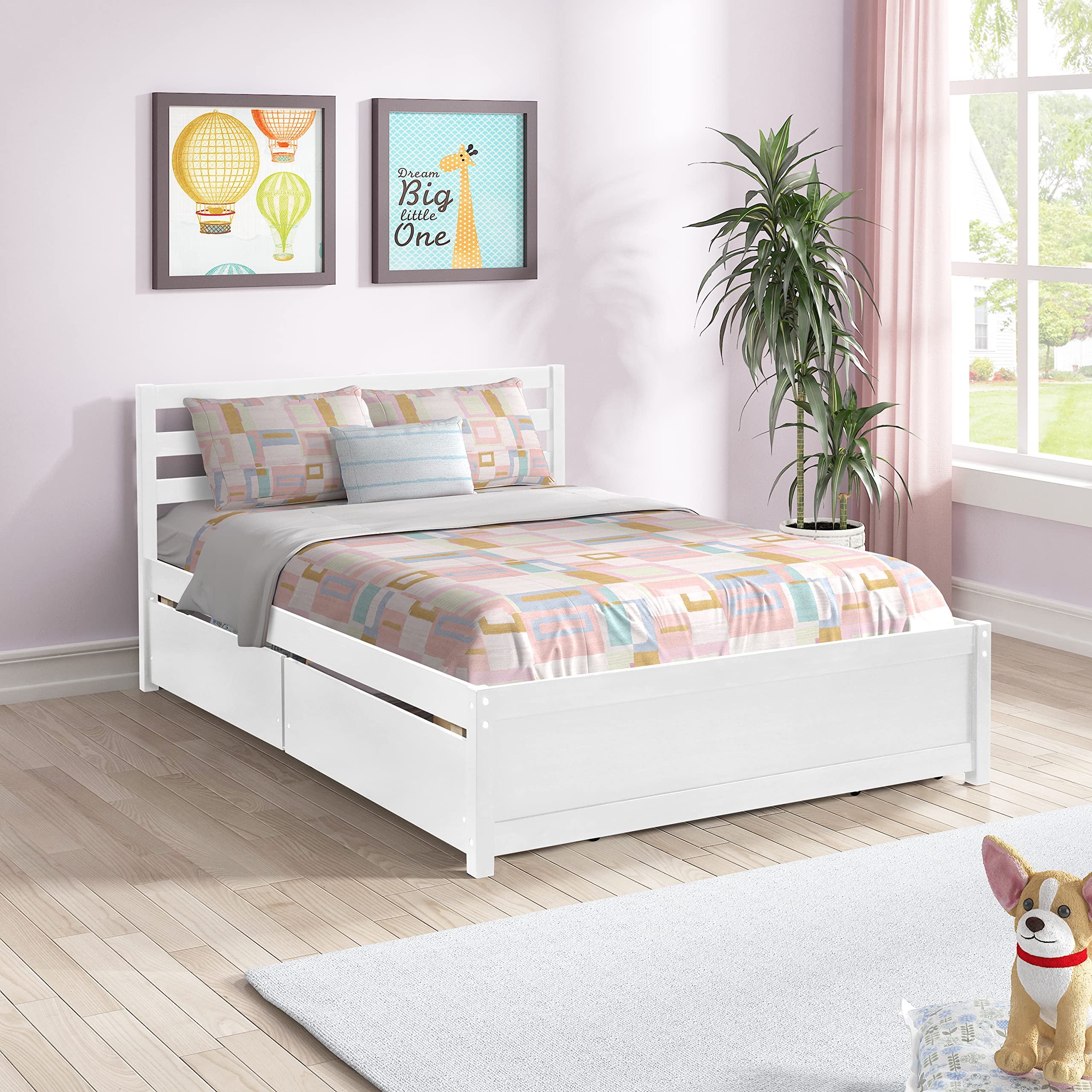 Merax Full Size Wood Platform Bed with 4 Storage Drawers, Sturdy Wooden Bed Frame with Headboard, White - Perfect for Small Bedrooms, Guest Rooms & Space-Saving Storage Solutions