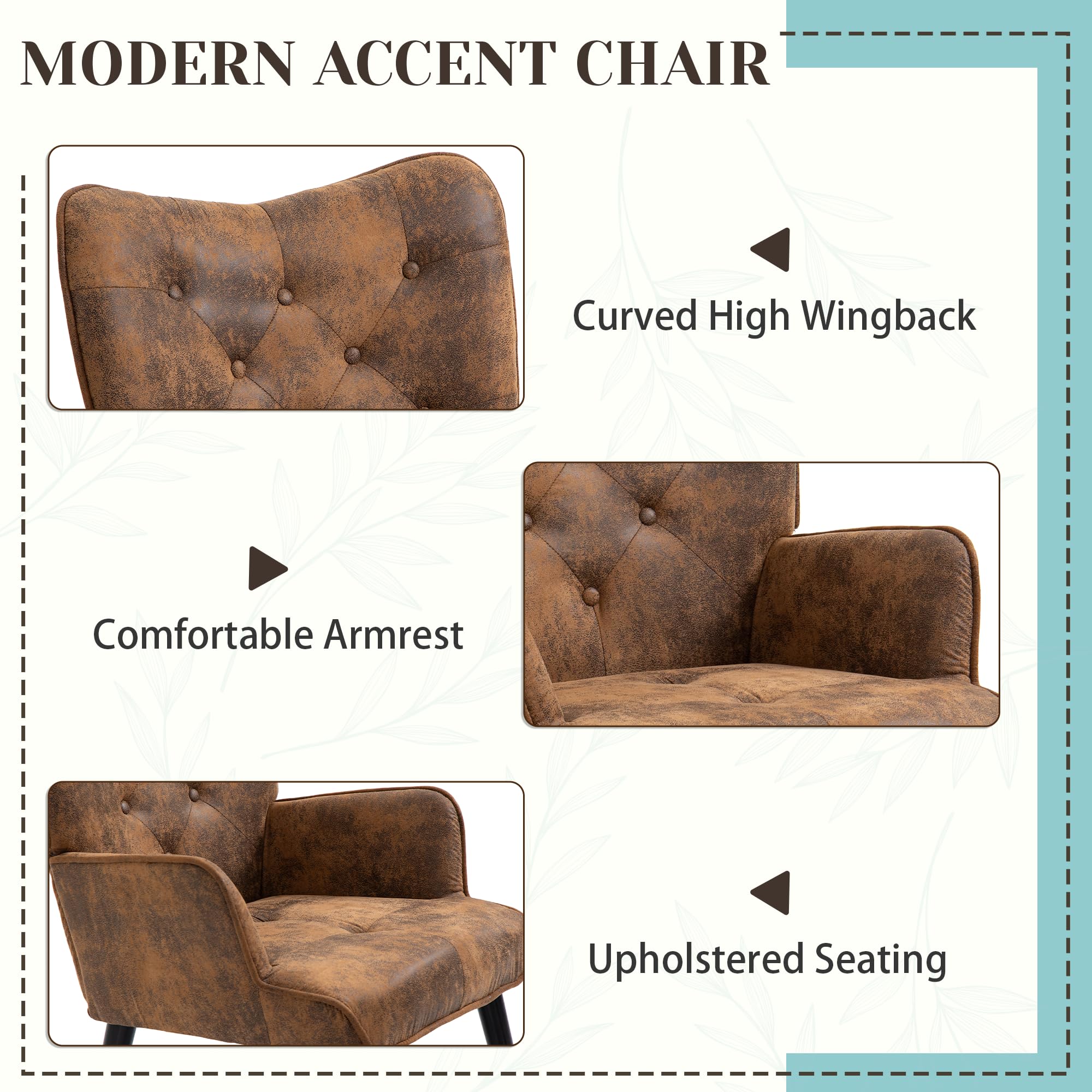 ECOTOUGE Rustic Accent Chair - Brown High Back Microfiber Wingback Armchair for Living Room & Bedroom | Comfortable Reading Chair with Sturdy Arms | Perfect for Cozy Corners, Home Office & Relaxation
