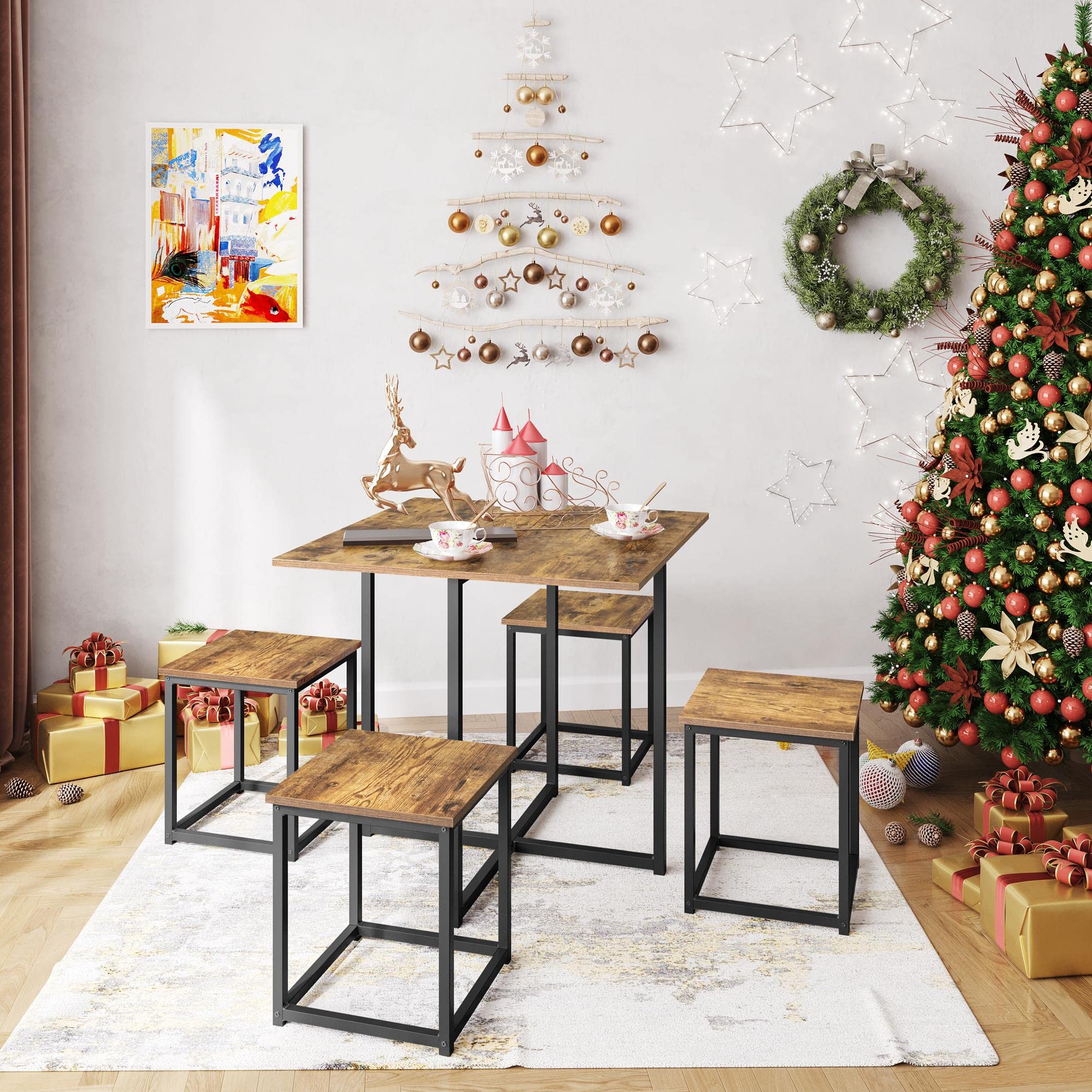 Yaheetech 4-Piece Industrial Dining Table Set with Stools - Compact Kitchen Table & Chairs for Small Spaces, Rustic Brown Finish - Perfect for Apartments, Breakfast Nooks & Cozy Dining Areas