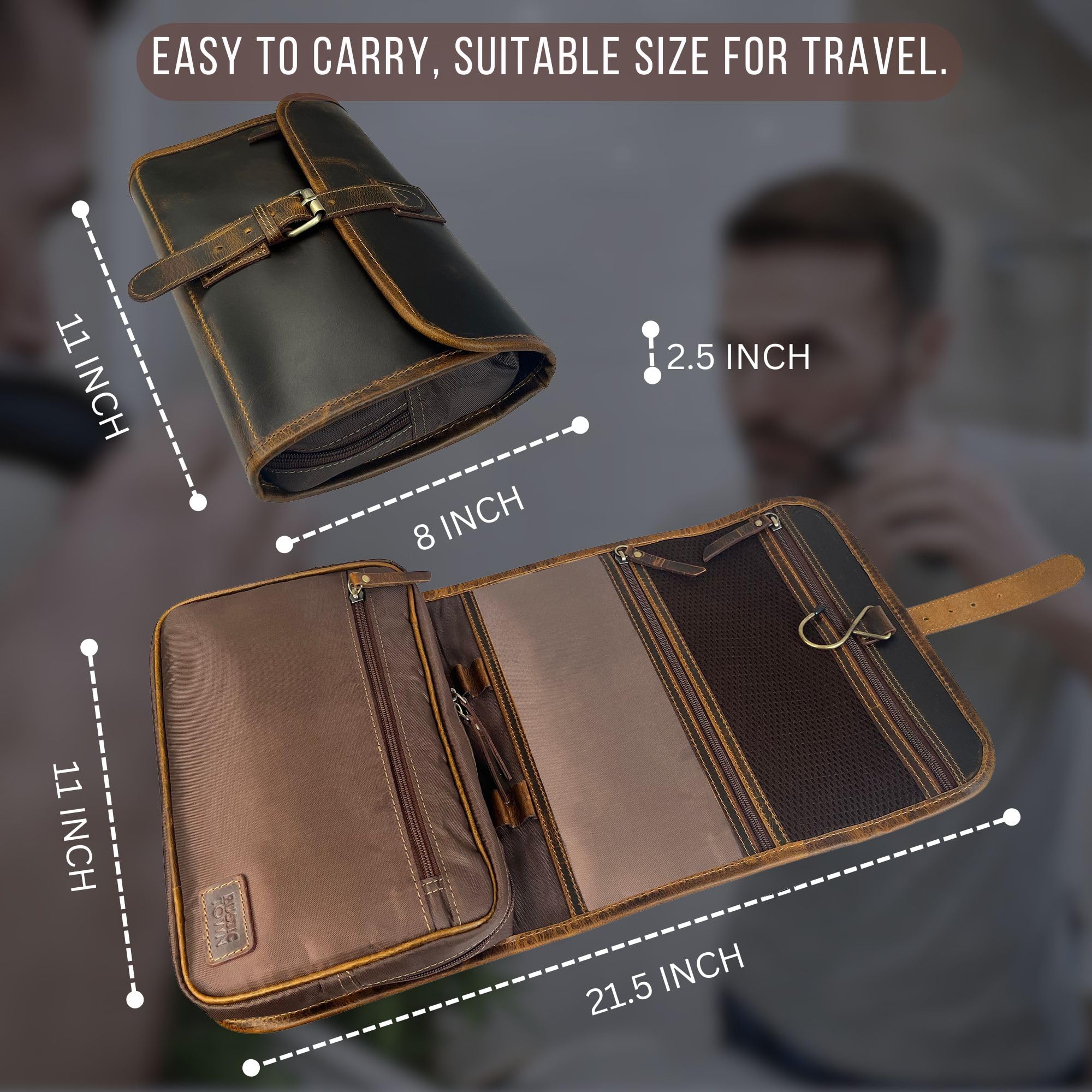 Rustic Town Leather Toiletry Bag for Travel & Shower - Men & Women