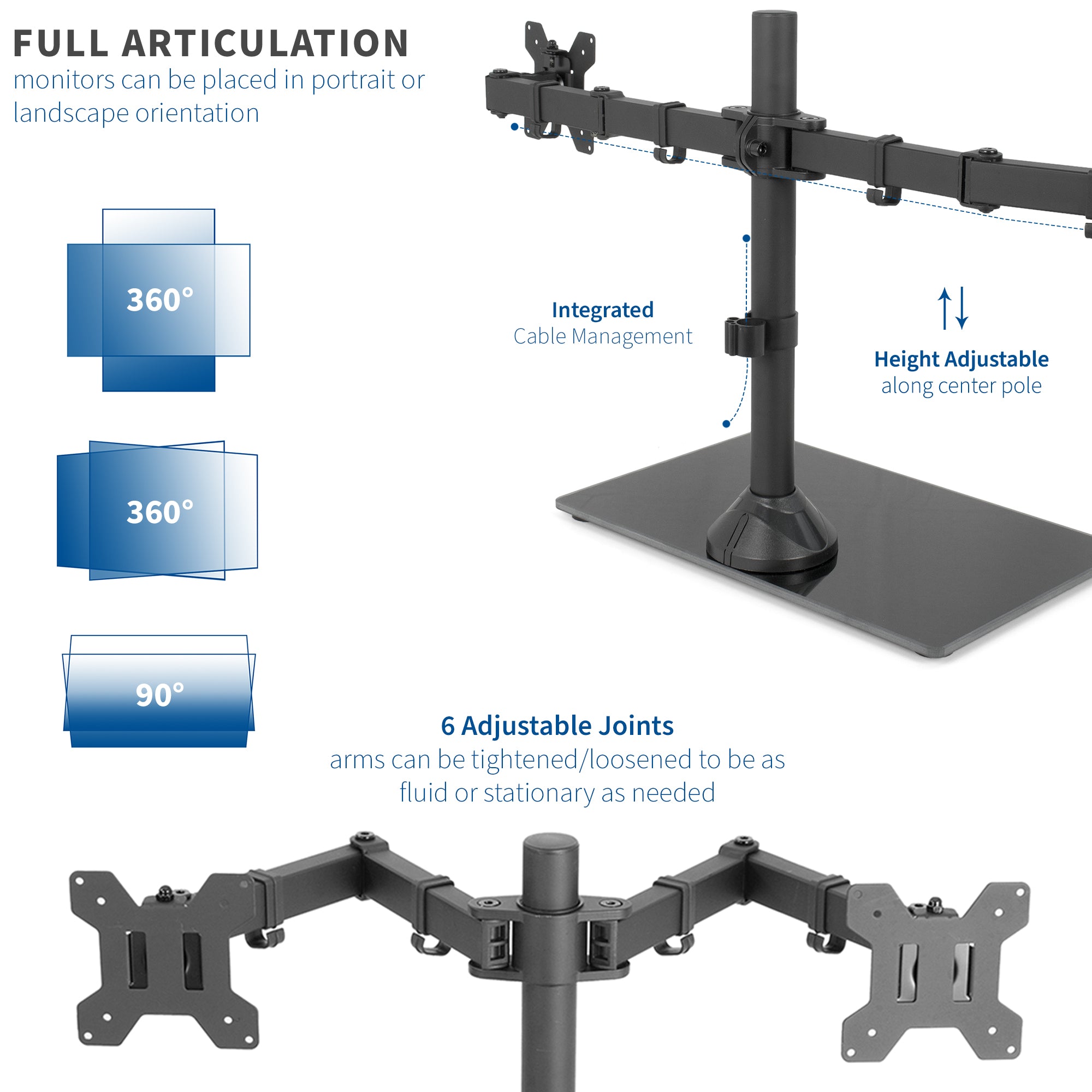 Premium Black Dual Monitor Stand with Adjustable Arms & Sleek Glass Base - Perfect for Home Office, Gaming Setup & Workspace Ergonomics