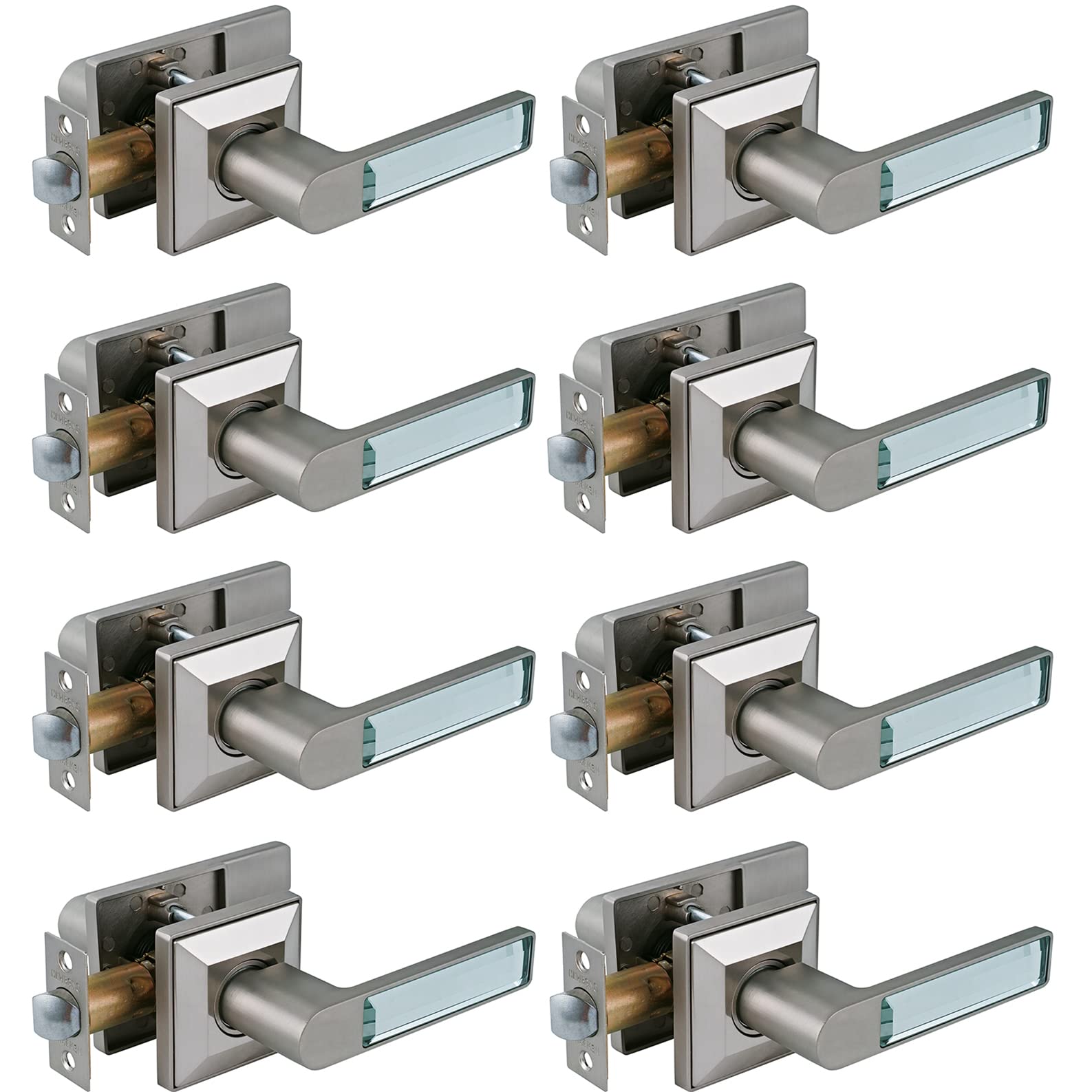 Brushed Nickel Glass Crystal Door Lever Set - 8 Pack Non-Locking Passage Lever for Hallway & Closet Doors - Durable Glass Door Handle with Smooth Operation - Perfect for Interior Doors, Bedrooms, and Office Spaces