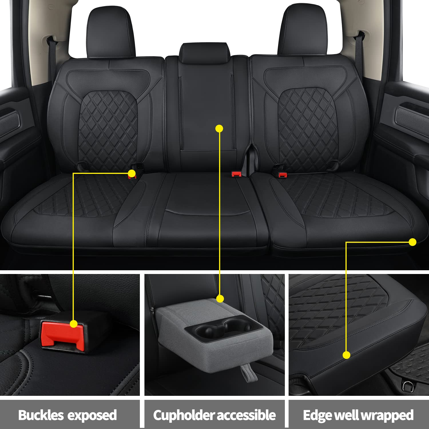 FEELiT Waterproof Seat Covers for Ram 1500 2019-2025 Crew Cab - Custom Fit Protectors for Bighorn/Laramie/Limited/Longhorn Pickup Trucks with 4/6 Split Flat Rear Seat (Full Set, Black) | Durable All-Weather Protection for Work & Outdoor Adventures