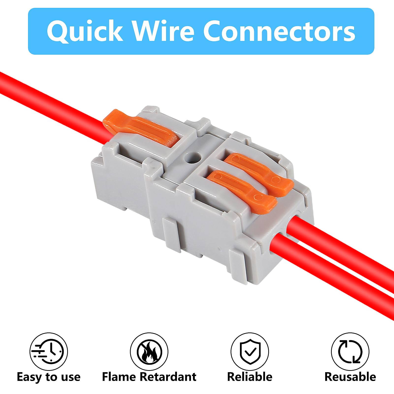 50PCS Lever Wire Connectors - 1 in 2 Out Quick Connect Electrical Terminals for AWG 28-12 Wires | Secure Push-in Conductor Blocks for Home Wiring, DIY Projects & Electrical Repairs