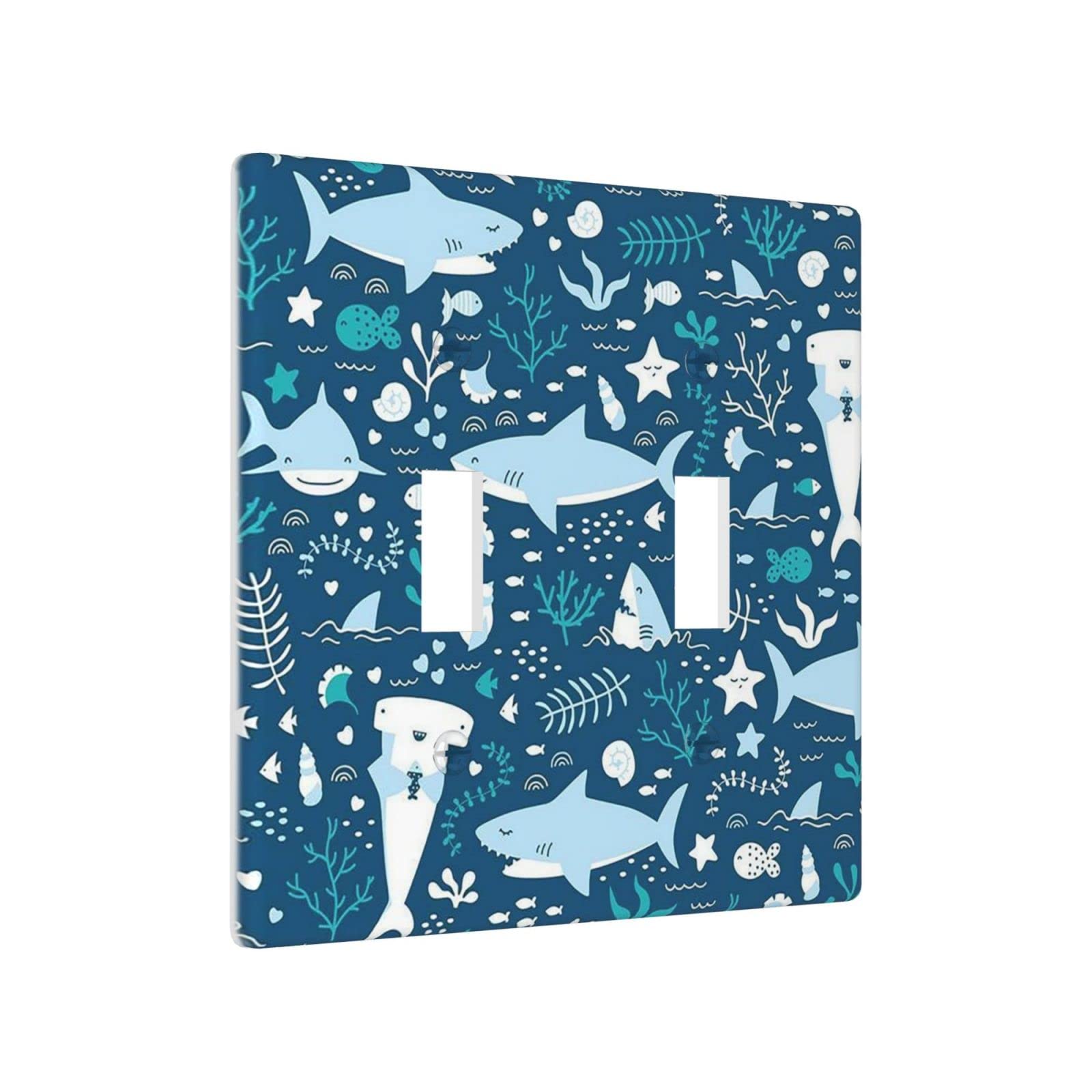 Blue Sharks Underwater Sealife Double Toggle Light Switch Cover - Decorative 2 Gang Wall Plate for Kitchen, Bathroom, Bedroom - 4.5 x 4.5 Inch - Perfect for Beach House Decor & Ocean Theme Rooms