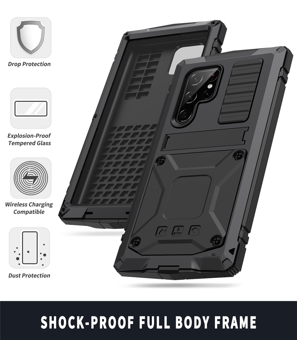 Samsung Galaxy S22 Ultra Aluminum Metal Case with Kickstand - Shockproof Gorilla Glass Protection for Work, Travel & Outdoor Activities