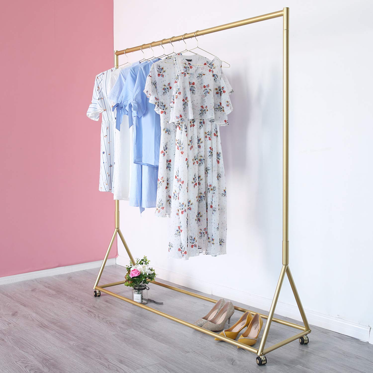 Gold Rolling Clothing Rack with Wheels - 59 Inch Modern Garment Rack for Boutique Display & Retail Store Use | Perfect for Clothing Stores, Home Closet Organization & Fashion Showrooms