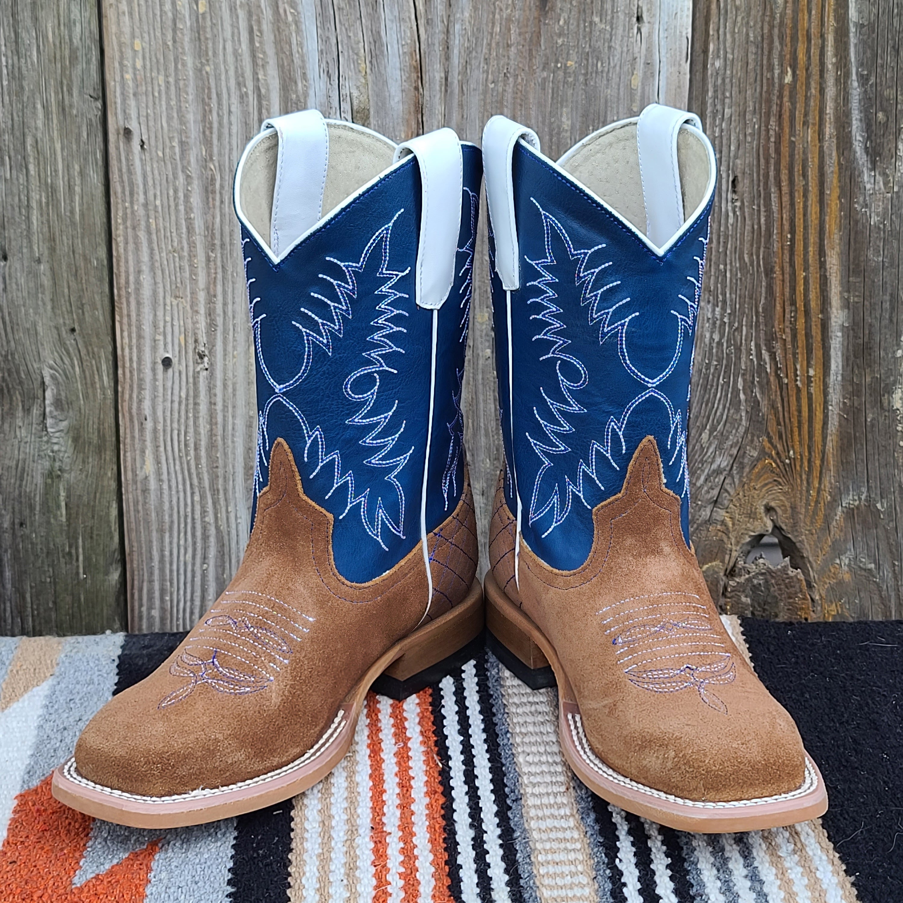 Anderson Bean Kids Sahara Sand & Nassau Navy Cowboy Boots - Durable Western Boots for Boys & Girls - Perfect for Rodeo, School & Outdoor Adventures