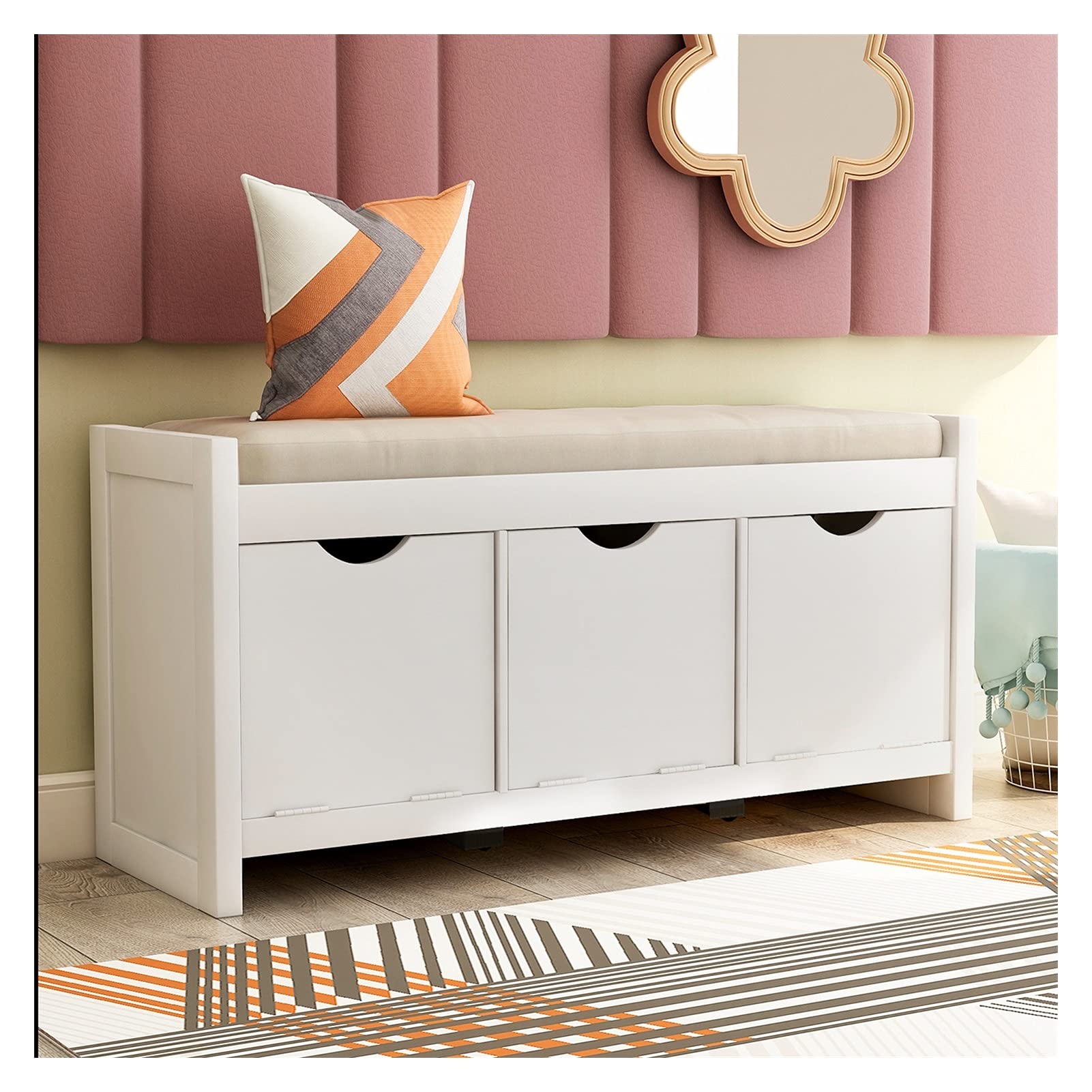 Rustic White Wooden Storage Bench with Removable Cushion & 3 Flip-Lock Storage Cubbies - Entryway Shoe Bench, Living Room Organizer for Shoes, Blankets & Home Decor