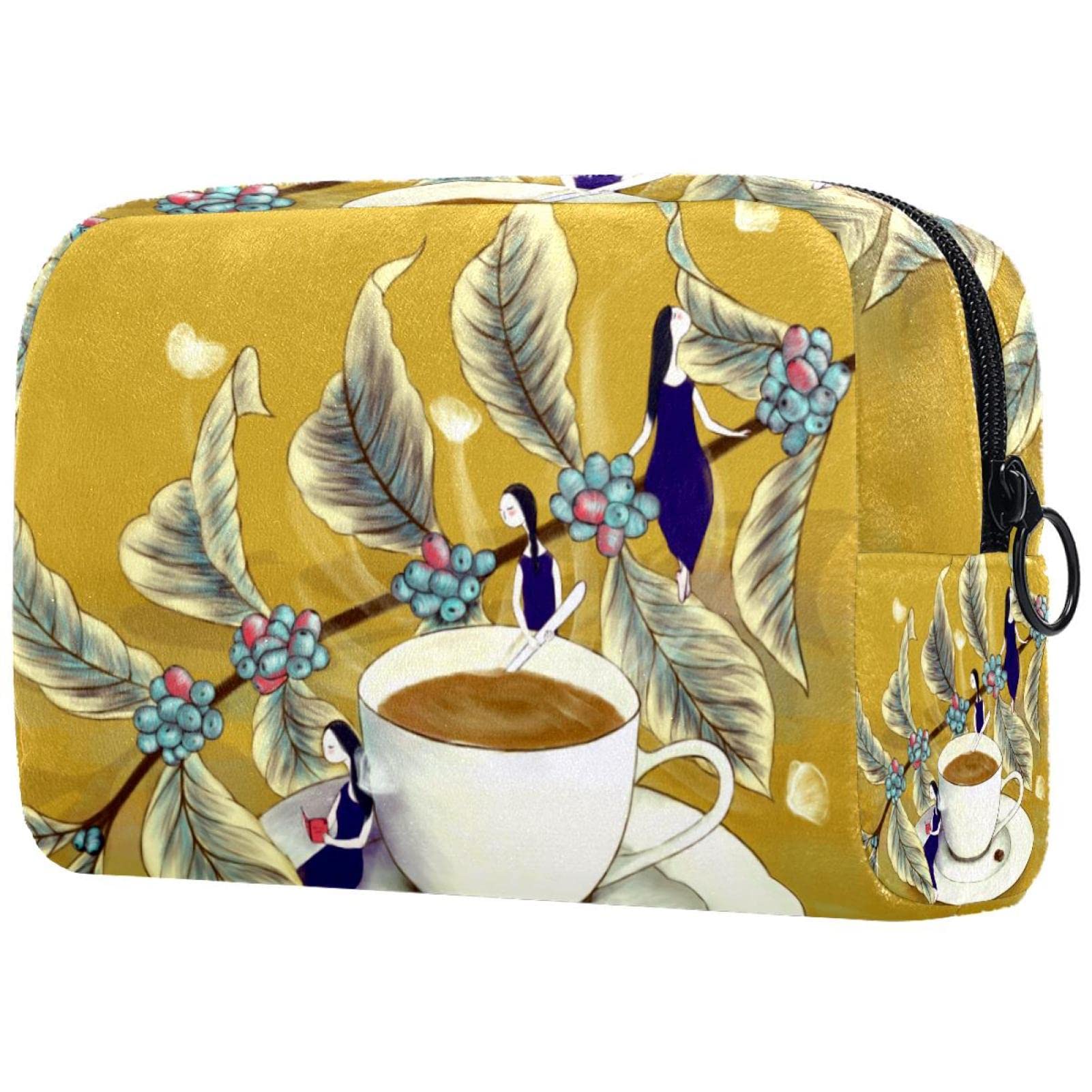Floral Print Coffee Themed Makeup Bag - Large Travel Cosmetic Organizer with Zipper for Women & Girls | Perfect for Travel, Gym, and Daily Essentials Storage