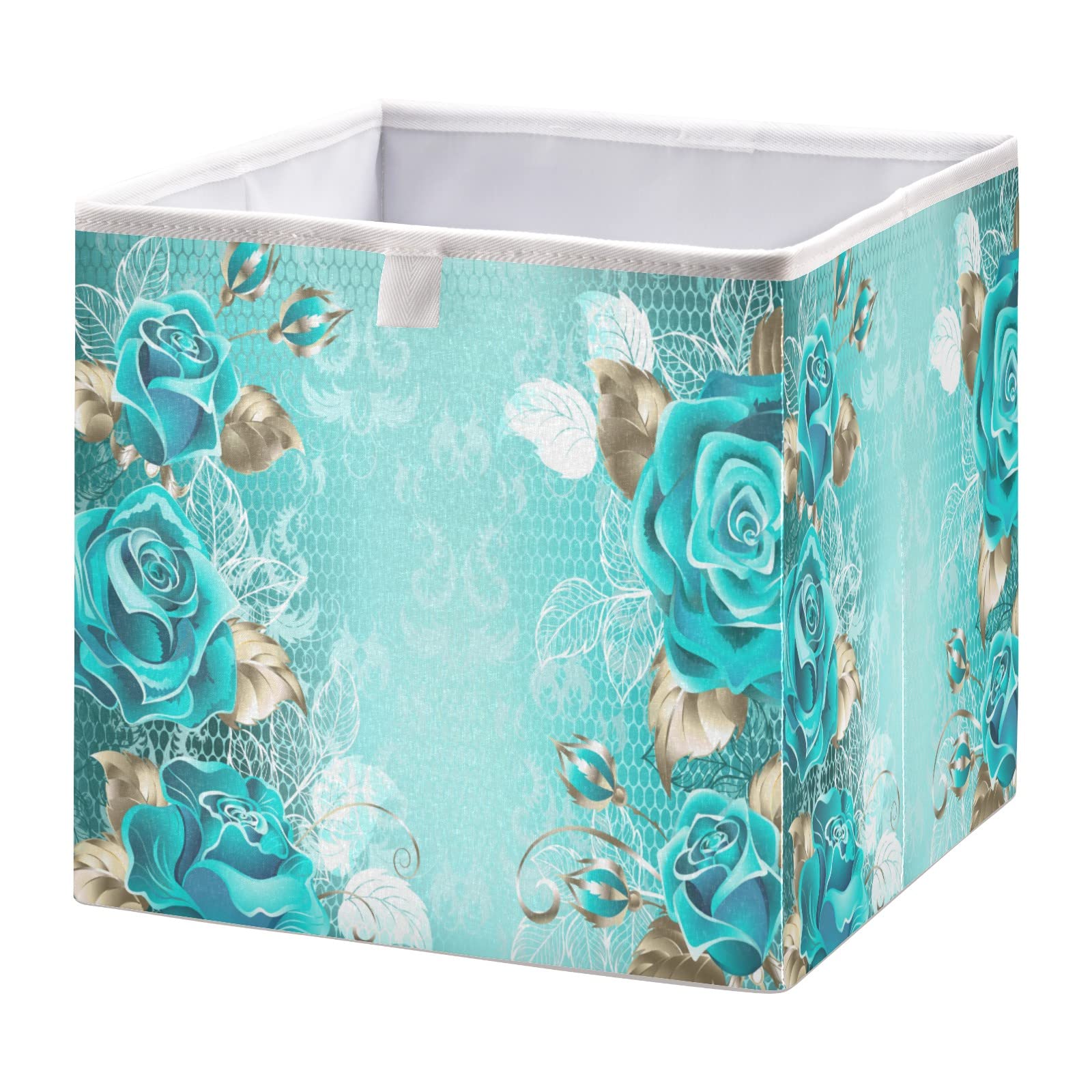 Turquoise Lace Rose Foldable Collapsible Storage Baskets - 16 x 11 Inch Fabric Cube Organizer Bins for Shelves, Pantry, Closet, Nursery & Home Organization | Perfect for Toys, Blankets & Household Items Storage