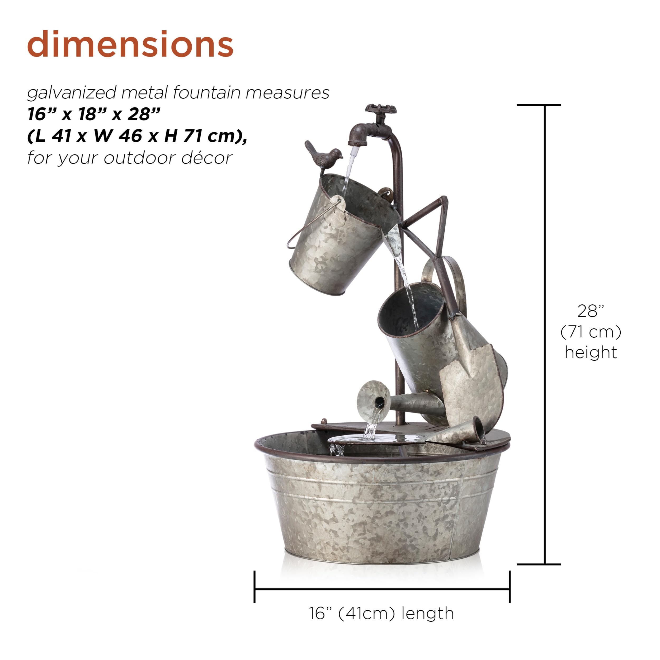 Alpine Corporation YHL106 3-Tiered Metal Outdoor Water Fountain with Garden Tools & Faucet Waterfall - 28 Inch Gray Patio Decor for Garden, Yard, and Backyard Relaxation