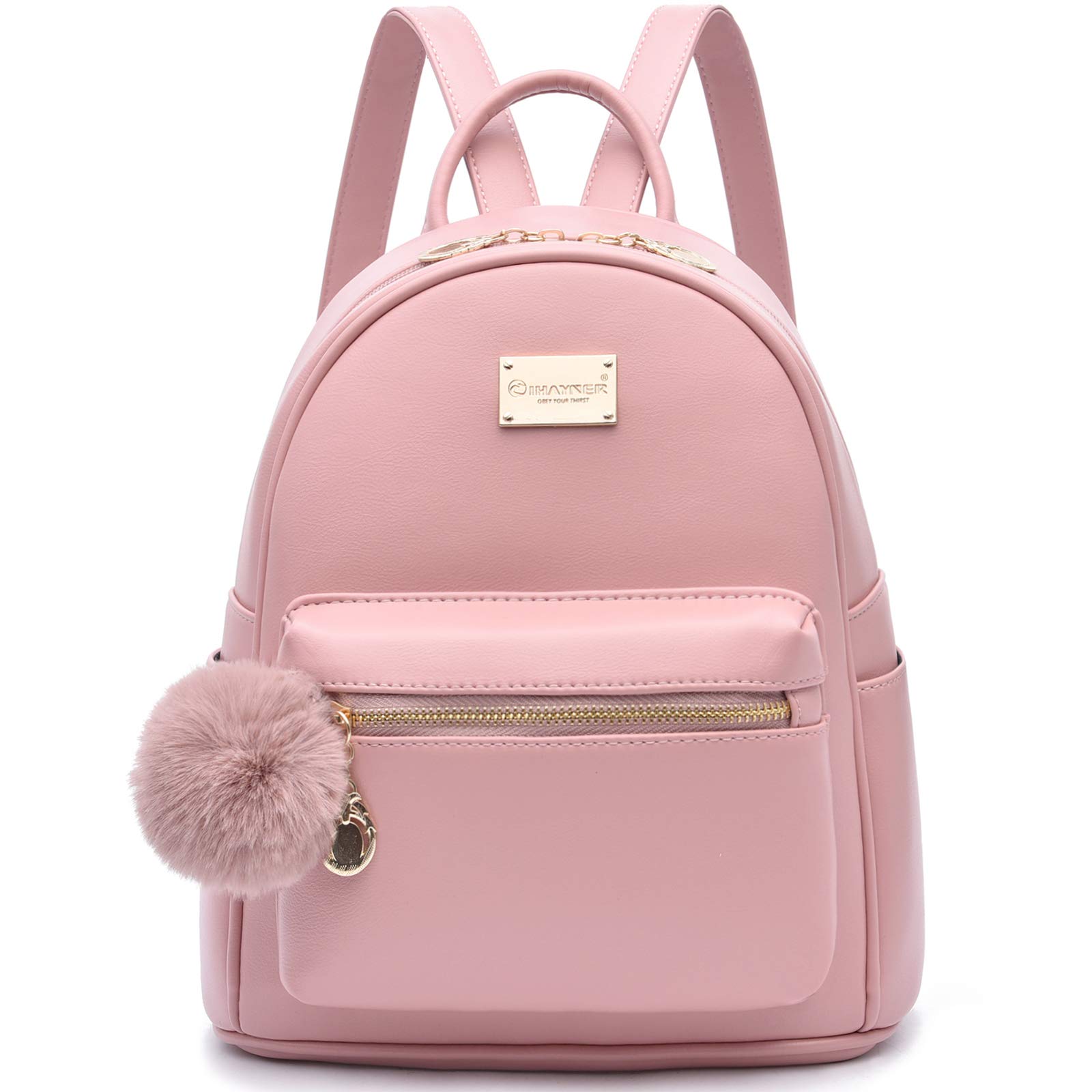 IHAYNER Girls Fashion Backpack Purse - Genuine Leather Mini Backpack for Women & Teens, Cute Satchel School Bag with Pompom, Travel Daypack for School, Work & Weekend Outings
