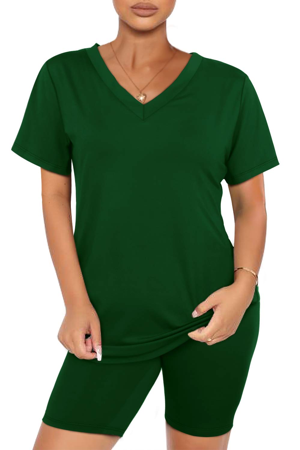 WIHOLL Women's 2-Piece Outfits - Short Sleeve V-Neck Top & Biker Shorts Set | Casual Summer Athleisure Wear for Gym, Yoga & Street Style
