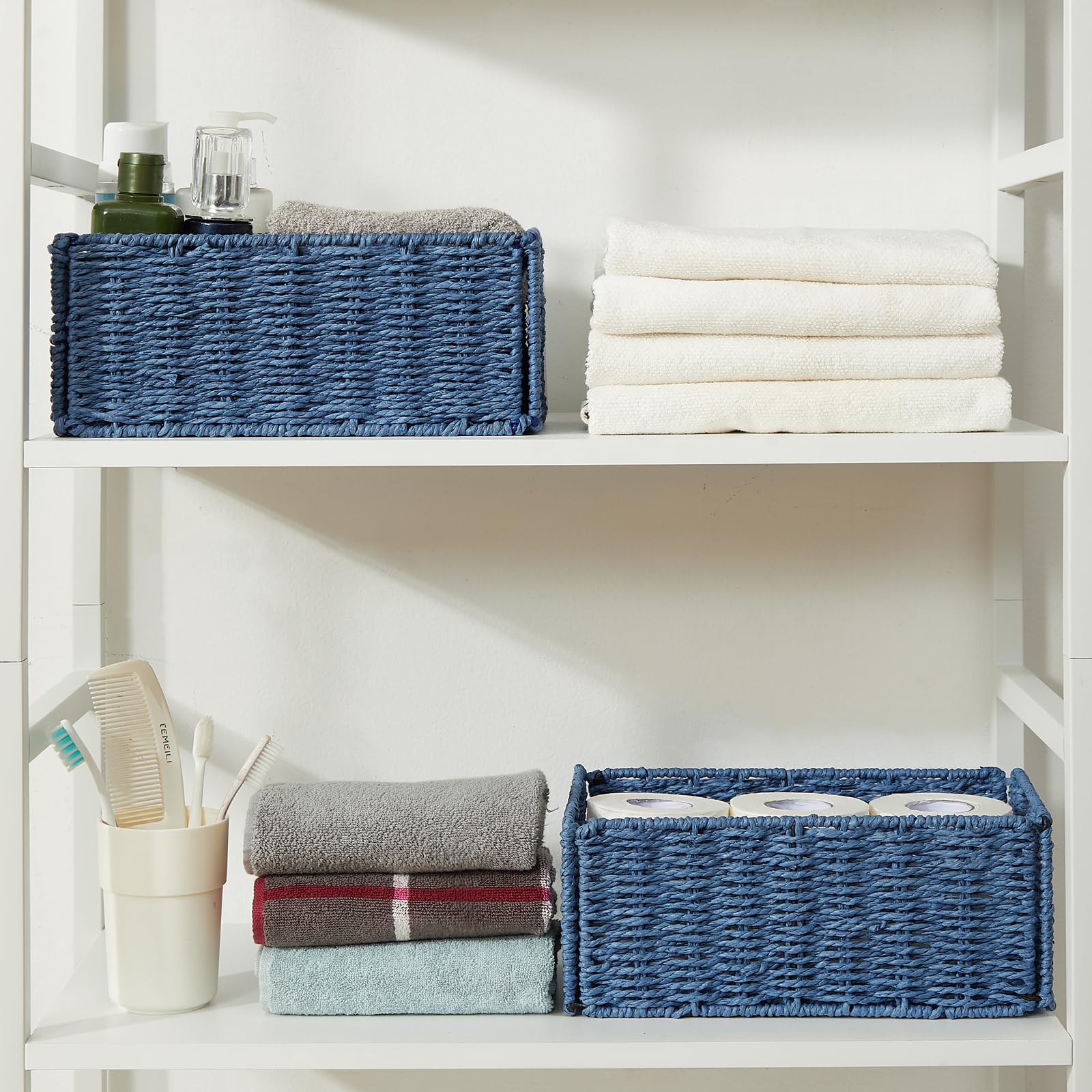 Vagusicc Wicker Storage Basket Set of 2 - Handwoven Paper Rope Baskets for Organizing Toilet Paper, Foldable Cube Storage Bins for Shelves - Perfect for Bathroom, Bedroom & Home Organization (Blue)