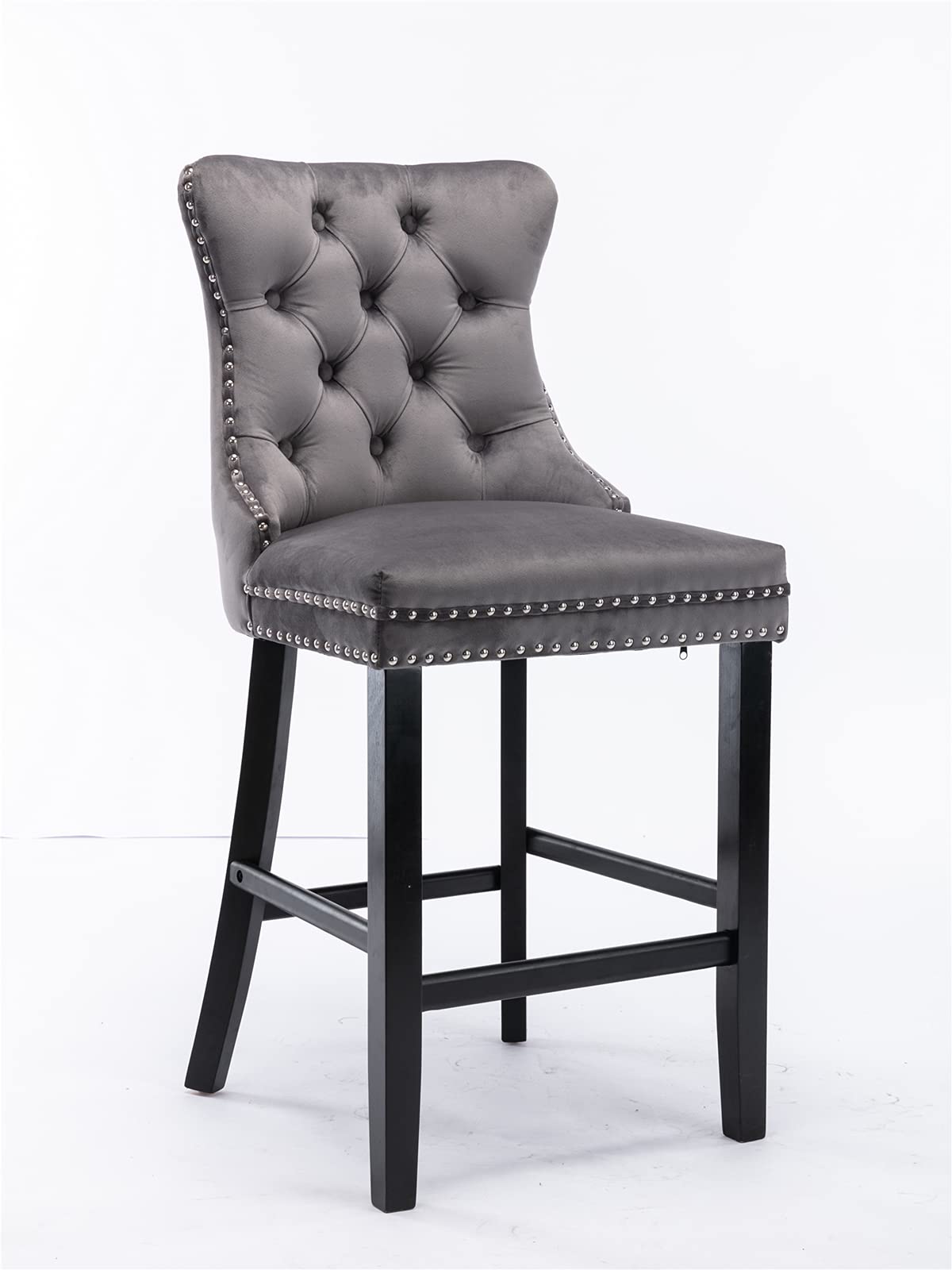 Velvet Bar Stools Set of 2 - Farmhouse Style Button Tufted Counter Height Dining Chairs with Back Support & Footrest - Nail Head Trim & Pull Ring Bar Stools for Kitchen Island, Home Bar, Breakfast Nook - Comfortable Gray Upholstered Seating for Entertaining & Relaxing